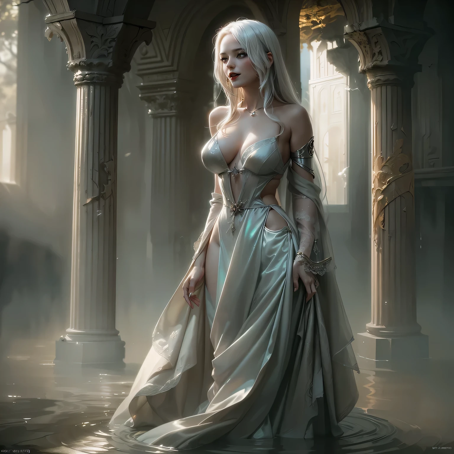 , full body shot, Platinum hair, long curly hair, Real water, Transparent white mini t-shirt, extremely detailed art, blushing, water running down the body, large breasts, sexual expressive, glowing skin, intricate, elegant and highly detailed digital photography, majestic and realistic painting, golden butterfly filigree, (masterpiece, side lighting, beautiful finely detailed eyes: 1.2), expressive eyes looking sideways, perfect face, portrait of a beautiful goddess with platinum hair, intricate digital photography, elegant, highly detailed, majestic, beautiful finely detailed eyes: 1.2), HDR, (detailed background window to a new dimension, plants and flowers: 1.1) infinity, infinity symbol, night sky with full moon, (masterpiece), best quality, expressive eyes, perfect face, highly detailed face and body, cinematic lighting, photorealistic, 1 girl 25 years old, bright golden eyes, big eyes, well lit, beautiful and aesthetic: 1.2), (1 girl), (fractal art: 1.3), colorful, more detailed, beautiful goddess lying in bed over pond, bed floating over pond, Caucasian girl with shiny silver hair, full female body, golden eyes, oriental mandala tattoos, transparent dresses, skin wet with water, stormy sky, sunset sky, red storm clouds, interior of ancient temple flooded with water, Greek columns, floating old clock, lamp, lantern, beautiful girl with a slight smile, forest, flowers and roses, sitting on a pedestal marble, front view, magic, fantasy, waterfall, tattoos of mandalas and flowers on the naked body, toes submerged in water, Highly detailed CG unity 8k wallpaper, style shot, complex, dramatic, highest quality movie still image, sea ​​goddess rising from water, full body, European face woman, Nia, Turquoise color eyes, Warm Lighting Style, Forest of Forever
