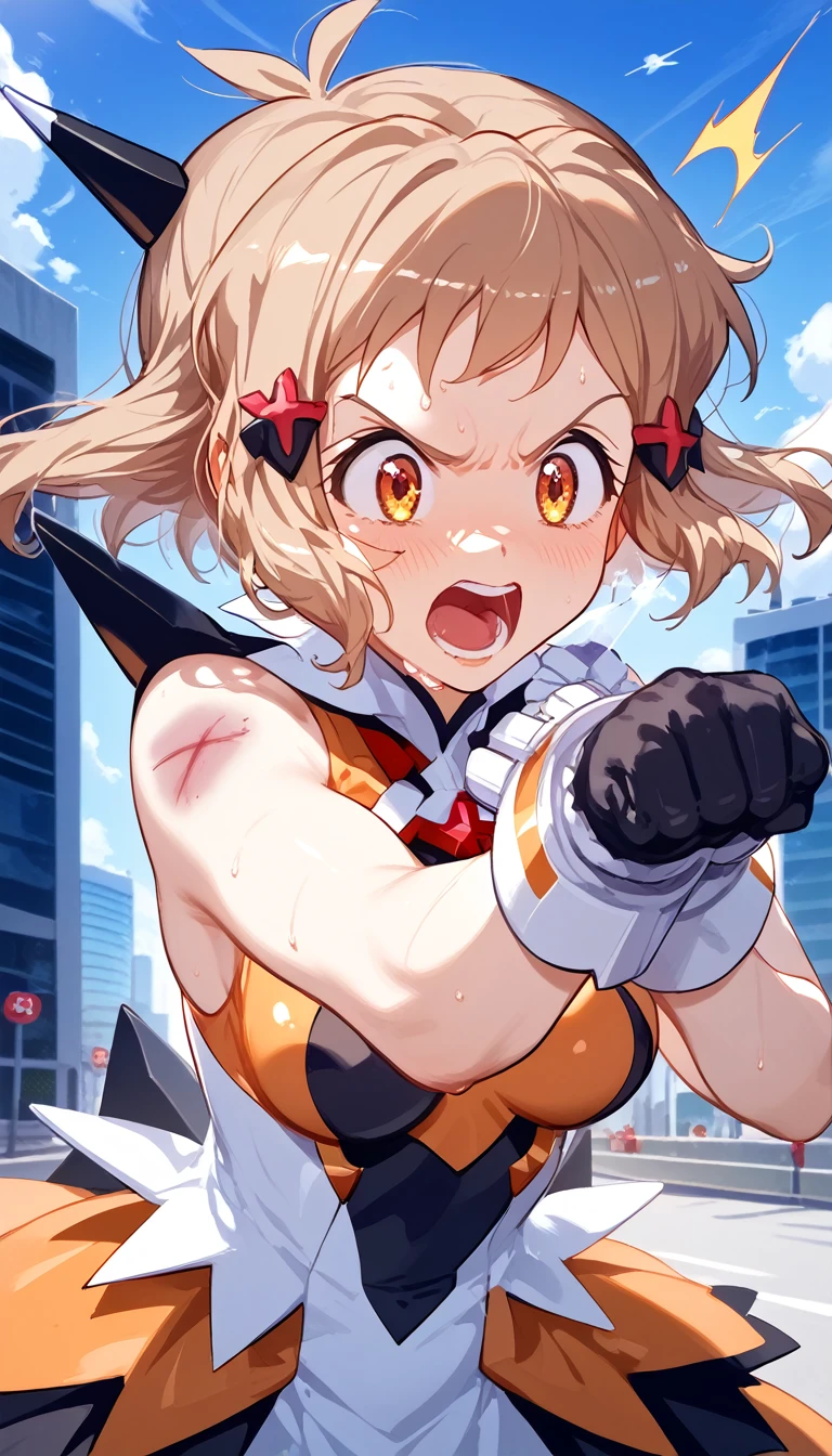  best quality,  soft light you're handling,  ultra high resolution, cute, beautiful face down to the smallest detail , high resolution details of human skin texture, shiny skin,sweat,Heat, white breath ,Hibiki Tachibana ,Brown Hair,Short Hair,City, Battle Costume,whole body,Screaming,Pump your fist,Big eyes,Symphogear,get angry, tremendous impact,bruised body,armed gear 