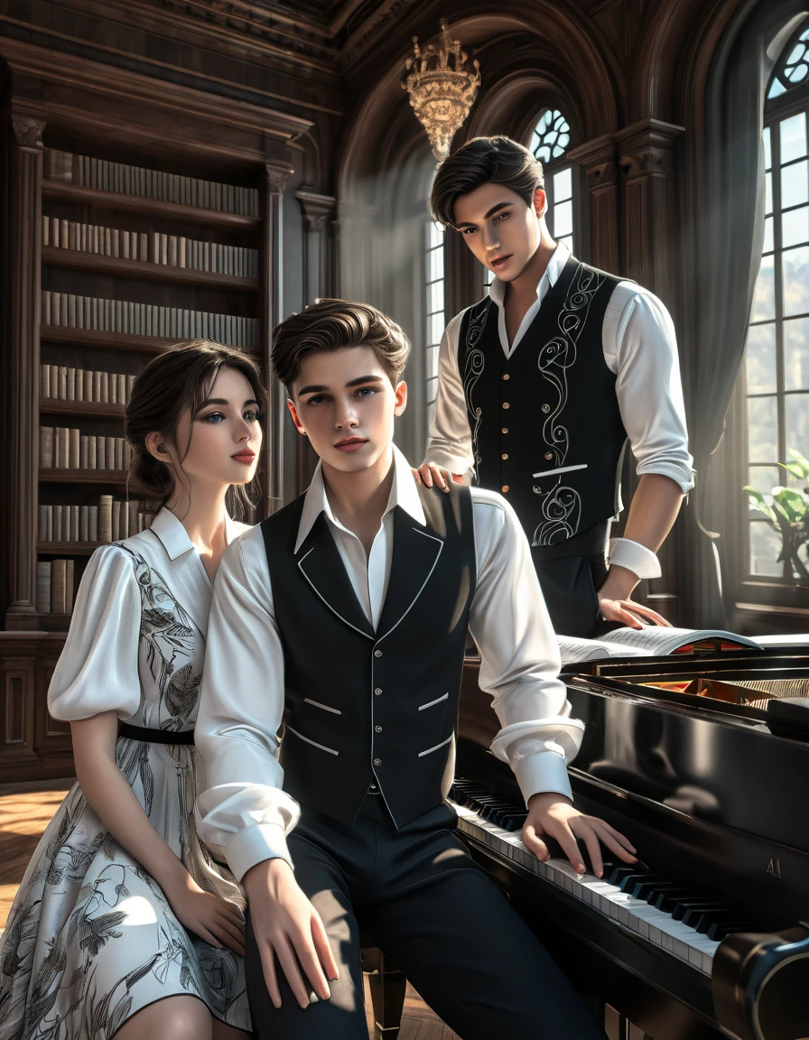 sketch man sits at the piano and plays it for a girl writing a melody for her man he is 22 years old  ((with brown eyes)), Beautiful, brown short hair in a white shirt,  dark gray classic vest , black trousers , ((( and next to a man leaning on the piano is )))  a 22-year-old girl with brown long flowing straight hair and blue eyes ,  in a short emerald colored dress in a modern fashionable sexy beautiful with round sleeves voluminous in the background arafed room with a piano and a window in it, gothic epic library concept, gothic epic library, gothic library, alchemist library , unreal engine render concept art, castle library, dusty library,  unreal fantasy art engine, ancient library, library of ruina concept art, photorealistic dark concept art,  dramatic lighting . concept art, inside a castle library, Старая библиотека photo realistic illustration, hyper realistic illustration, realistic illustration, photorealistic detail , hypper realistic illustration, extreme realistic detail, photorealistic detail ed picture, с unreal engine render concept art, ), Ultra-detailed and beautiful face,( Gentle facial expression :1.1),translucent white skin,(Реалистичный skin texture:1.1), , Bold design , Art design ,Beautiful and detailed pattern, Detailed fabric texture, ((1 man, 1 girl)) (romantic sensual scene for a novel :1.1)