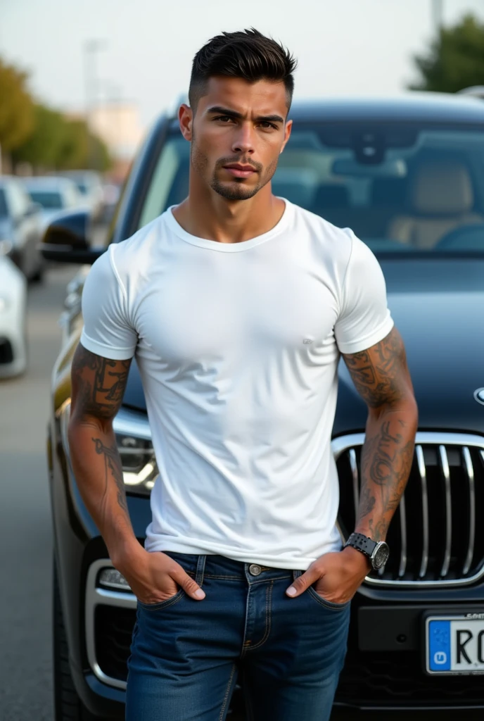 30 year old sexy man, muscular, dark blue jeans, white tight shirt, black short hair, 3 day beard, sporty, tattooed, standing on the side of a BMW X5, looking at the viewer