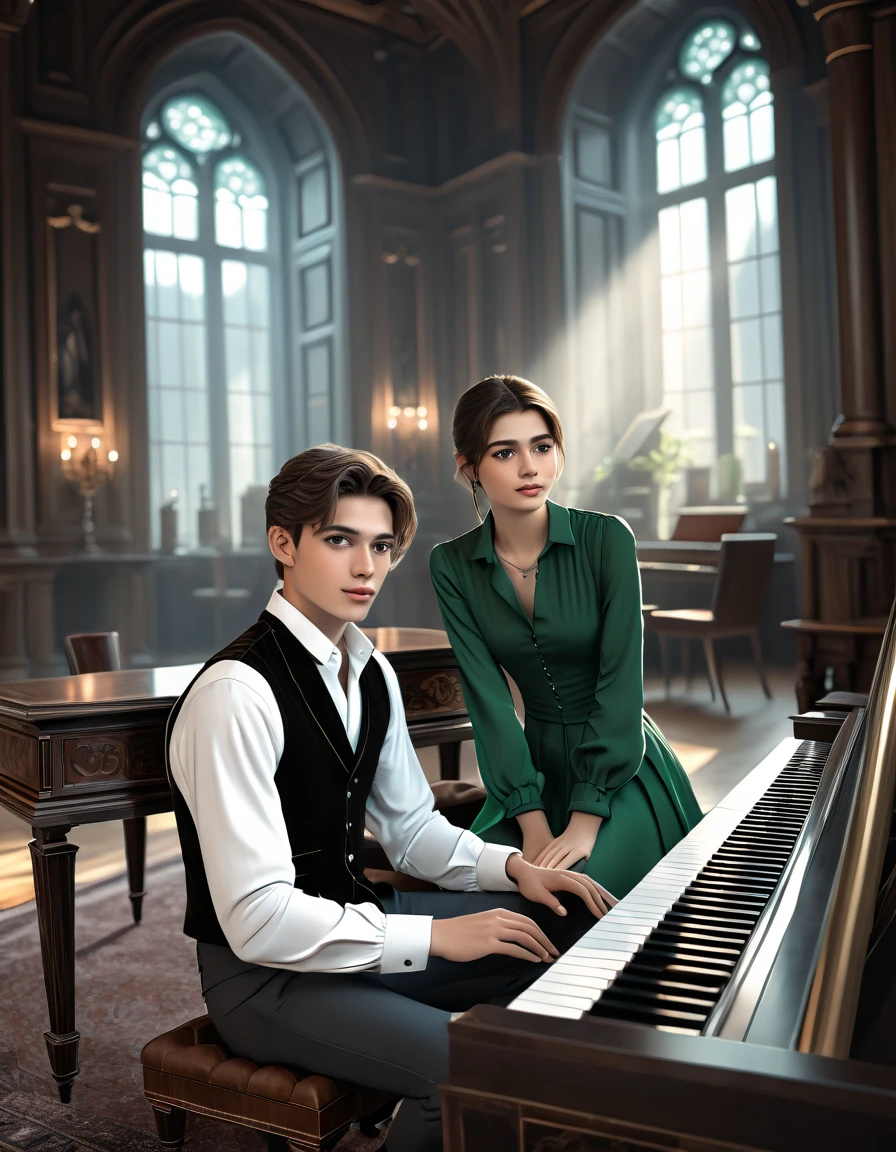 sketch man sits at the piano and plays it for a girl writing a melody for her man he is 22 years old  ((with brown eyes)), Beautiful, brown short hair in a white shirt,  dark gray classic vest , black trousers , ((( and next to a man leaning on the piano is )))  a 22-year-old girl with brown long flowing straight hair and blue eyes ,  in a short emerald colored dress in a modern fashionable sexy beautiful with round sleeves voluminous in the background arafed room with a piano and a window in it, gothic epic library concept, gothic epic library, gothic library, alchemist library , unreal engine render concept art, castle library, dusty library,  unreal fantasy art engine, ancient library, library of ruina concept art, photorealistic dark concept art,  dramatic lighting . concept art, inside a castle library, Старая библиотека photo realistic illustration, hyper realistic illustration, realistic illustration, photorealistic detail , hypper realistic illustration, extreme realistic detail, photorealistic detail ed picture, с unreal engine render concept art, ), Ultra-detailed and beautiful face,( Gentle facial expression :1.1),translucent white skin,(Реалистичный skin texture:1.1), , Bold design , Art design ,Beautiful and detailed pattern, Detailed fabric texture, ((1 man, 1 girl)) (romantic sensual scene for a novel :1.1)