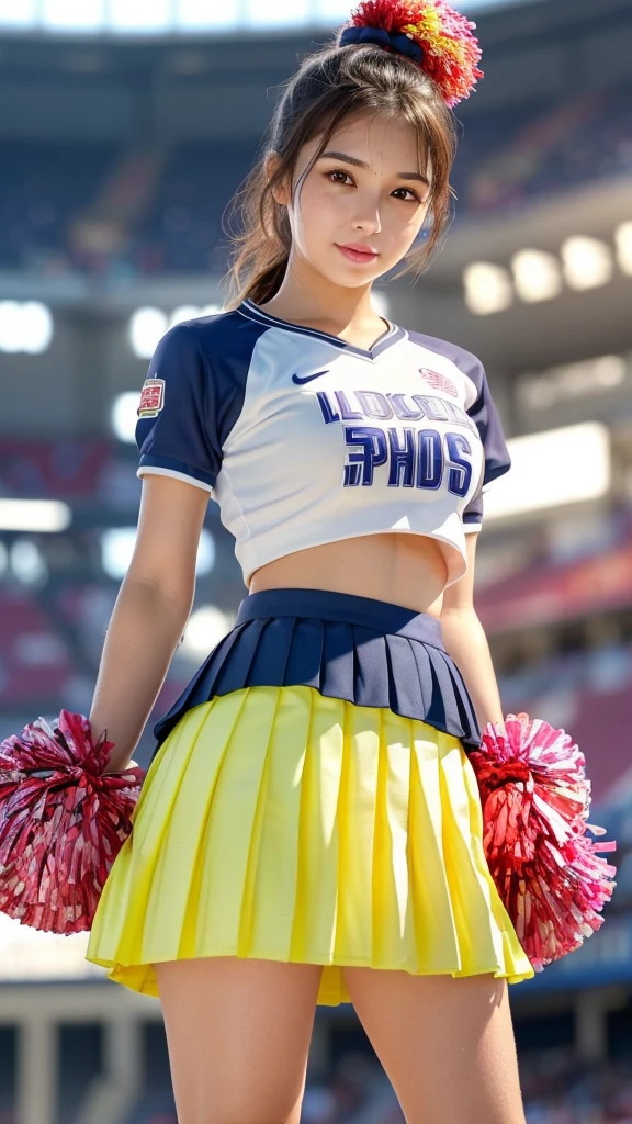 Panties visible through the skirt, (Japan Cheerleaders:1.3), gros-plan, Photo, Big breasts, (ar old)oung face, Pretty Face, Raw photo, Best Quality, High resolution, (masutepiece), (Photorealistic:1.37), Professional Photography, Sharp Focus, nffsw, 8K resolution, Intricate details, depth of fields, Highly detailed CG Unity 8k wallpaper, Front light, NSFW, femele, girl, beautiful supermodel, Smile, slender, (Vibrant poses:1.3), Back view, thighs thighs thighs thighs, (Twin-tailed, poneyTail, scrunchie:1.3), (Super long hair:1.3), Taken from the ground, (Wear bonbons only on your hands:1.6)