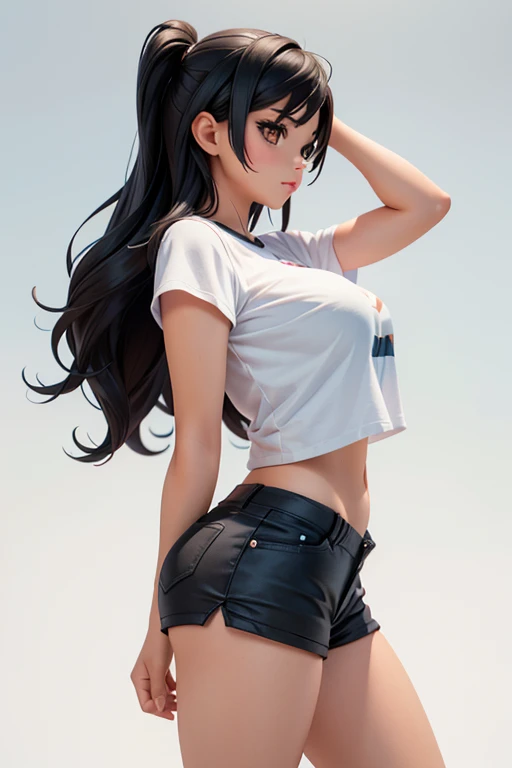Teen girl 14 years old, girl wears a crop shirt and too very short mini shorts, beautiful legs, hot summer, highest quality,