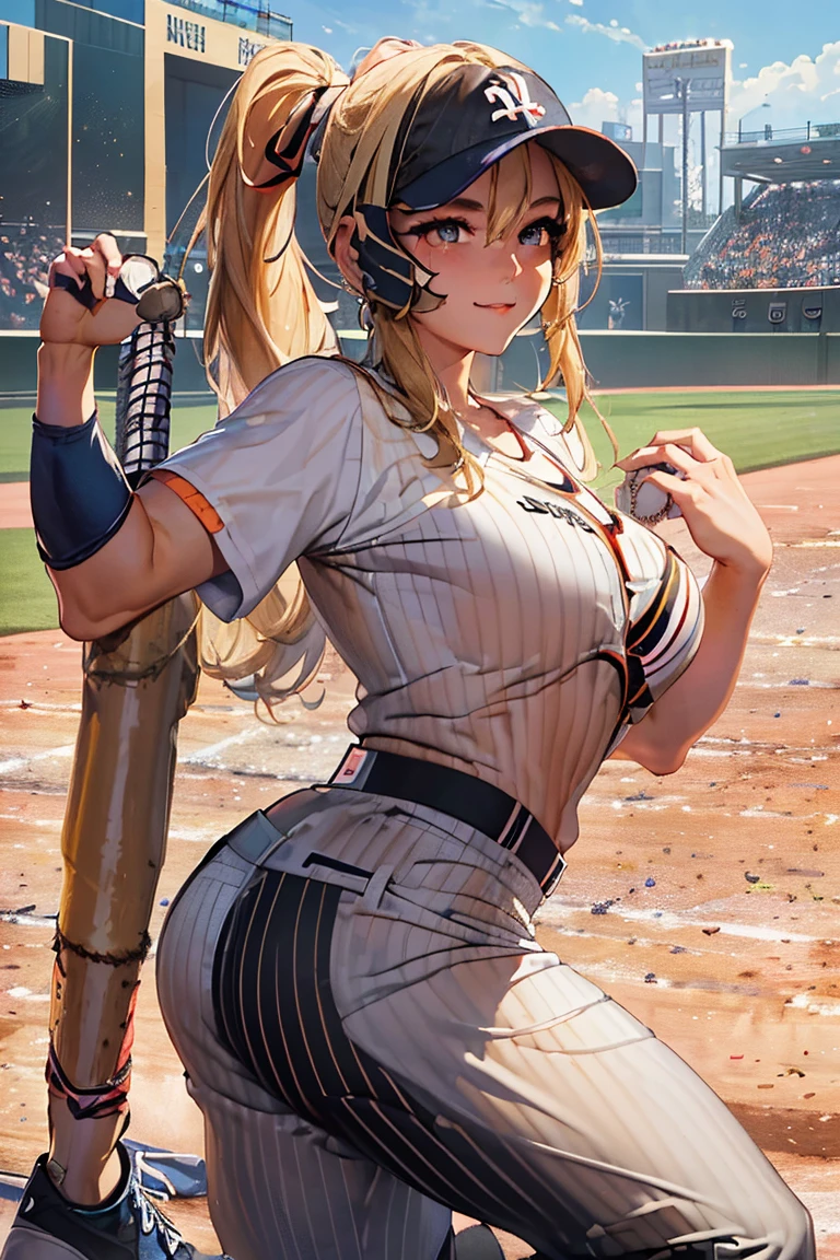 masterpiece,  best quality ,Ultra HD Explained,Full HD,16k,  super resolution , accurate human body,Correct human anatomy,Obscene,  smile inviting a man into sexual activity,((Baseball Stadium,Ground)),((((Play baseball:1.8)))),  One Woman :2.0, watching viewers ,((Blonde,Long Hair_  ponytail_orange ribbon,青 eyes)),( open your eyes,Tall,Sexy and attractive body _ smiles that invite men far beyond their age :1.5, thin:1.6,Long legs,Beautiful ass) ((Abnormally large breasts_K-Cup_ beautifully shaped breasts )),((( baseball uniform,baseball shirt_ivory_Pinstripe_Hinomaru emblem on chest,Baseball pants _ivory_Pinstripe,black leather spike shoes,Chest logo_JAPAN))),,German,Colours of the 90s,Wide Angle Upward Shot , Extreme Angle, focus on the chest :1.4,Obsceneなシーン.