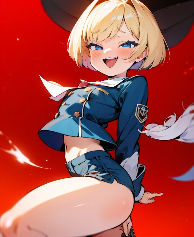 cute, small, short, flat, masterpiece, detailed, high quality, absurdres, Tanya Degurechaff, 1girl, solo, evil grin, curvy, military, military uniform, pussy peak, no panties