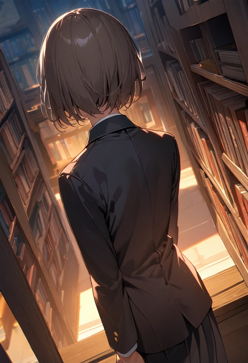 （masterpiece,  best quality:1.2)、male、student、 shorthair 、、Black school uniform, black blazer、 red tie、evening、Library、 high angle、 back shot of one