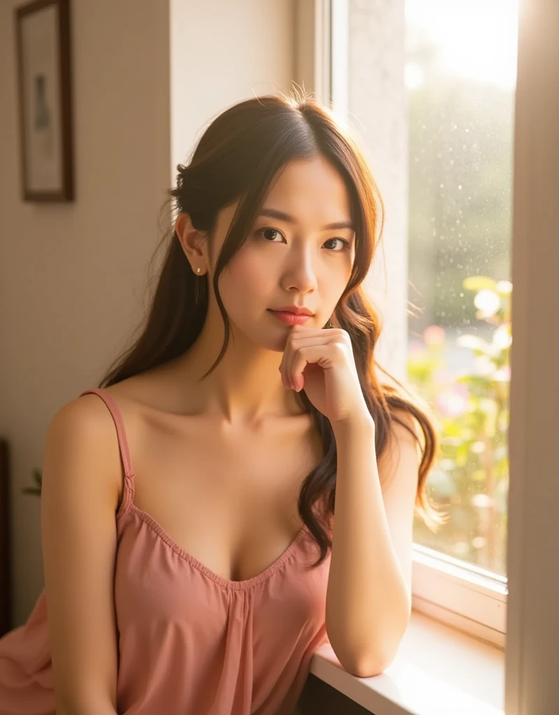 In a softly lit room, a young Asian woman sits gracefully on a wide window frame, where sunlight pours in. Her silhouette is framed by a large, bright window that invites the golden light of the evening sun. She wears a delicate, flowing pink dress made of whisper-soft chiffon that sways gently with her movements. The thin straps and deep V-neckline reveal a glimpse of her delicate collarbone. Long, loose waves cascade down her shoulders, catching the light and shimmering with golden highlights. Lost in thought, she rests her chin on elegantly curled fingers, turning her expressive gaze to the outside world, revealing the myriad emotions swirling within her. The softness of her features - her puffy lips lightly parted and her brows gently furrowed - conveys the depth of her thoughts as she is lost in a tender, bittersweet reverie. A plain white wall in the background accentuates the warmth of her outfit and the light streaming in through the window. The view outside the window, reminiscent of a lush garden full of flowers, creates a fascinating contrast. The atmosphere is full of intimate sensuality, and the golden rays of the sun create a halo around her figure and cast soft shadows on the window frame, imbuing the scene with a quiet and gentle charm. A moment caught between reality and daydream, encapsulates her beauty and her solitude.