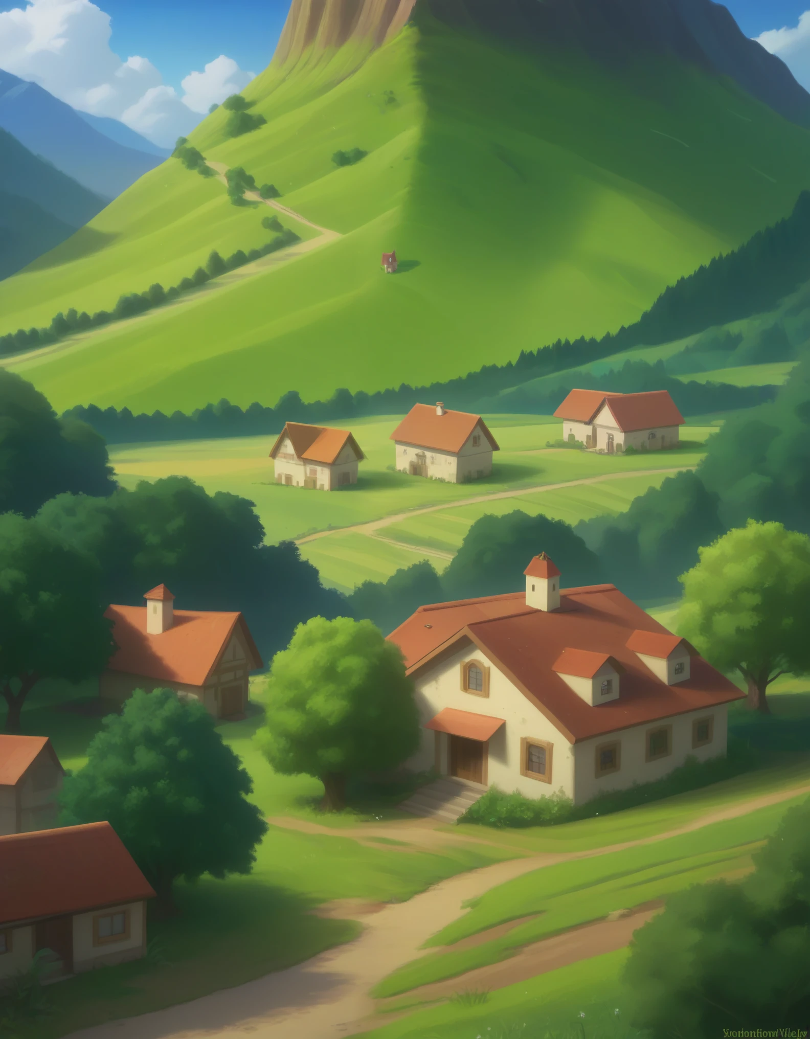 "A small, peaceful rural village surrounded by lush green mountains. The village has simple, traditional houses with thatched roofs, scattered across a gentle valley. Green fields stretch out into the distance, and the entire scene is bathed in soft sunlight. The mountains rise majestically in the background, covered with dense greenery, and there’s a clear blue sky above."