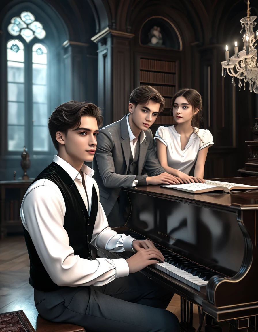 sketch man sits at the piano and plays it for a girl writing a melody for her man he is 22 years old  ((with brown eyes)), Beautiful, brown short hair in a white shirt,  dark gray classic vest , black trousers , ((( and next to a man leaning on the piano is )))  a 22-year-old girl with brown long flowing straight hair and blue eyes ,  in a short emerald colored dress in a modern fashionable sexy beautiful with round sleeves voluminous in the background arafed room with a piano and a window in it, gothic epic library concept, gothic epic library, gothic library, alchemist library , unreal engine render concept art, castle library, dusty library,  unreal fantasy art engine, ancient library, library of ruina concept art, photorealistic dark concept art,  dramatic lighting . concept art, inside a castle library, Старая библиотека photo realistic illustration, hyper realistic illustration, realistic illustration, photorealistic detail , hypper realistic illustration, extreme realistic detail, photorealistic detail ed picture, с unreal engine render concept art, ), Ultra-detailed and beautiful face,( Gentle facial expression :1.1),translucent white skin,(Реалистичный skin texture:1.1), , Bold design , Art design ,Beautiful and detailed pattern, Detailed fabric texture, ((1 man, 1 girl)) (romantic sensual scene for a novel :1.1)