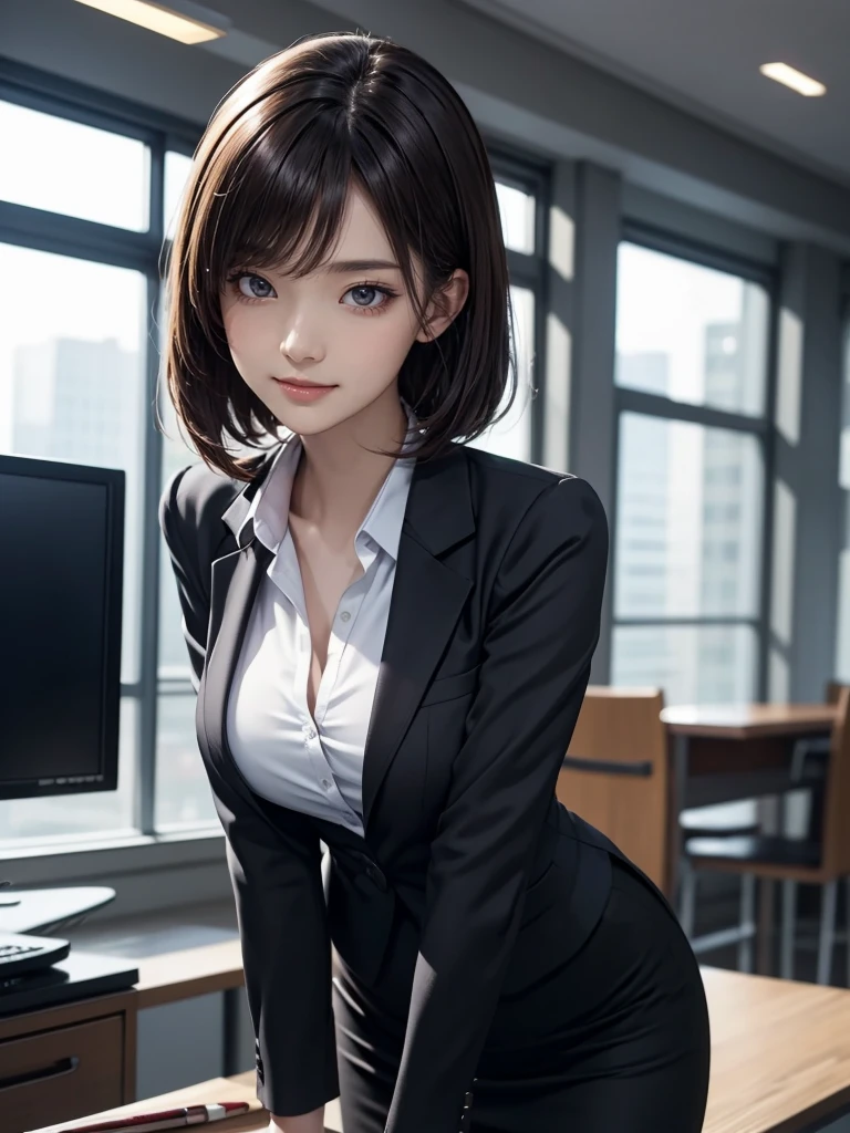 ((ultra detailed)), (best quality, masterpiece:1.2), 8K, 4K, unreal engine, 1 woman, detailed beautiful face and eyes, woman wearing a business suit, sleek and elegant women's collarless blouse designed to be worn as an inner top for a business suit, (black jacket, collarless blouse, pencil skirt), kawaii, leaning forward, light smile, straight bob hair, sunlight, medium breasts, office, dynamic lighting