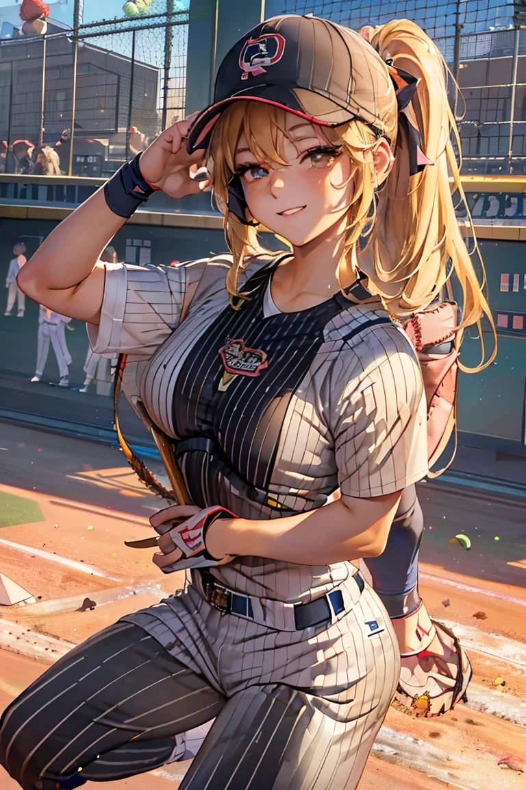 masterpiece,  best quality ,Ultra HD Explained,Full HD,16k,  super resolution , accurate human body,Correct human anatomy,Obscene,  smile inviting a man into sexual activity,((Baseball Stadium,Ground)),((((Play baseball:1.8)))),  One Woman :2.0, watching viewers ,((Blonde,Long Hair_  ponytail_orange ribbon,青 eyes)),( open your eyes,Tall,Sexy and attractive body _ smiles that invite men far beyond their age :1.5, thin:1.6,Long legs,Beautiful ass) ((Abnormally large breasts_K-Cup_ beautifully shaped breasts )),((( baseball uniform,baseball shirt_ivory_Pinstripe_Hinomaru emblem on chest,Baseball pants _ivory_Pinstripe,black leather spike shoes,Chest logo_JAPAN))),,German,Colours of the 90s,Wide Angle Upward Shot , Extreme Angle, focus on the chest :1.4,Obsceneなシーン.