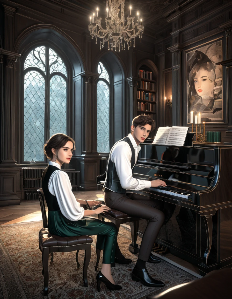 sketch man sits at the piano and plays it for a girl writing a melody for her man he is 22 years old  ((with brown eyes)), Beautiful, brown short hair in a white shirt,  dark gray classic vest , black trousers , ((( and next to a man leaning on the piano is )))  a 22-year-old girl with brown long flowing straight hair and blue eyes ,  in a short emerald colored dress in a modern fashionable sexy beautiful with round sleeves voluminous in the background arafed room with a piano and a window in it, gothic epic library concept, gothic epic library, gothic library, alchemist library , unreal engine render concept art, castle library, dusty library,  unreal fantasy art engine, ancient library, library of ruina concept art, photorealistic dark concept art,  dramatic lighting . concept art, inside a castle library, Старая библиотека photo realistic illustration, hyper realistic illustration, realistic illustration, photorealistic detail , hypper realistic illustration, extreme realistic detail, photorealistic detail ed picture, с unreal engine render concept art, ), Ultra-detailed and beautiful face,( Gentle facial expression :1.1),translucent white skin,(Реалистичный skin texture:1.1), , Bold design , Art design ,Beautiful and detailed pattern, Detailed fabric texture, ((1 man, 1 girl)) (romantic sensual scene for a novel :1.1)