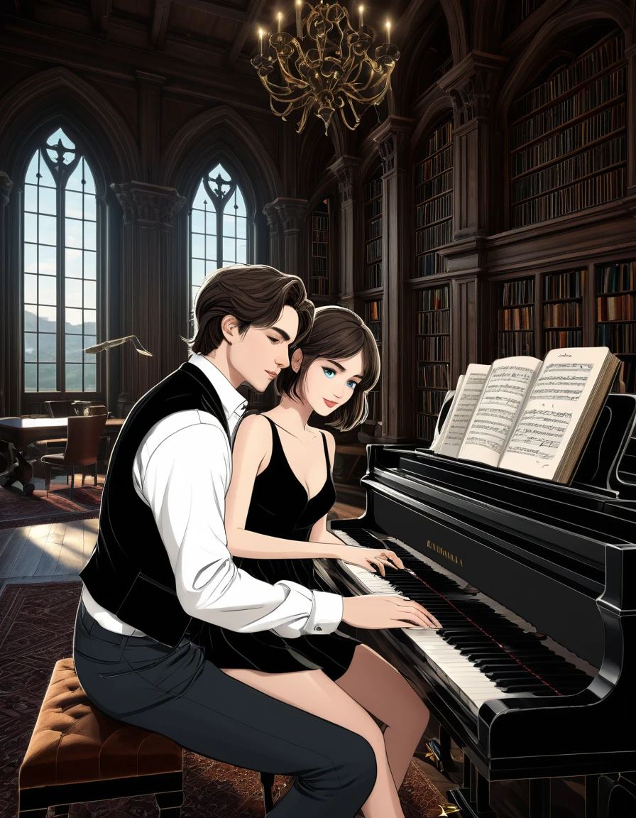 sketch man sits at the piano and plays it for a girl writing a melody for her man he is 22 years old  ((with brown eyes)), Beautiful, brown short hair in a white shirt,  dark gray classic vest , black trousers , ((( and next to a man leaning on the piano is )))  a 22-year-old girl with brown long flowing straight hair and blue eyes ,  in a short emerald colored dress in a modern fashionable sexy beautiful with round sleeves voluminous in the background arafed room with a piano and a window in it, gothic epic library concept, gothic epic library, gothic library, alchemist library , unreal engine render concept art, castle library, dusty library,  unreal fantasy art engine, ancient library, library of ruina concept art, photorealistic dark concept art,  dramatic lighting . concept art, inside a castle library, Старая библиотека photo realistic illustration, hyper realistic illustration, realistic illustration, photorealistic detail , hypper realistic illustration, extreme realistic detail, photorealistic detail ed picture, с unreal engine render concept art, ), Ultra-detailed and beautiful face,( Gentle facial expression :1.1),translucent white skin,(Реалистичный skin texture:1.1), , Bold design , Art design ,Beautiful and detailed pattern, Detailed fabric texture, ((1 man, 1 girl)) (romantic sensual scene for a novel :1.1)