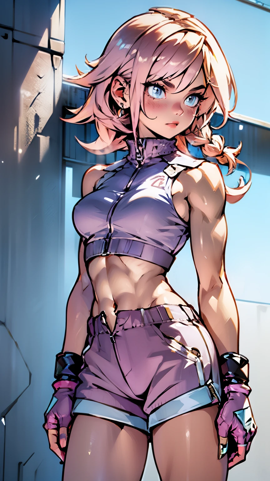 (improve quality), (Masterpiece, extremelly detailed:1.4), black hair, full body, (full colored), (good lighting and atmosphere), detailed eyes, beautiful woman, moderately large breasts, perfect proportions, (translucent clothes), perfect body , detailed body, pink hair, yellow eyes, latex bra, latex pants, muscled woman, simple_background