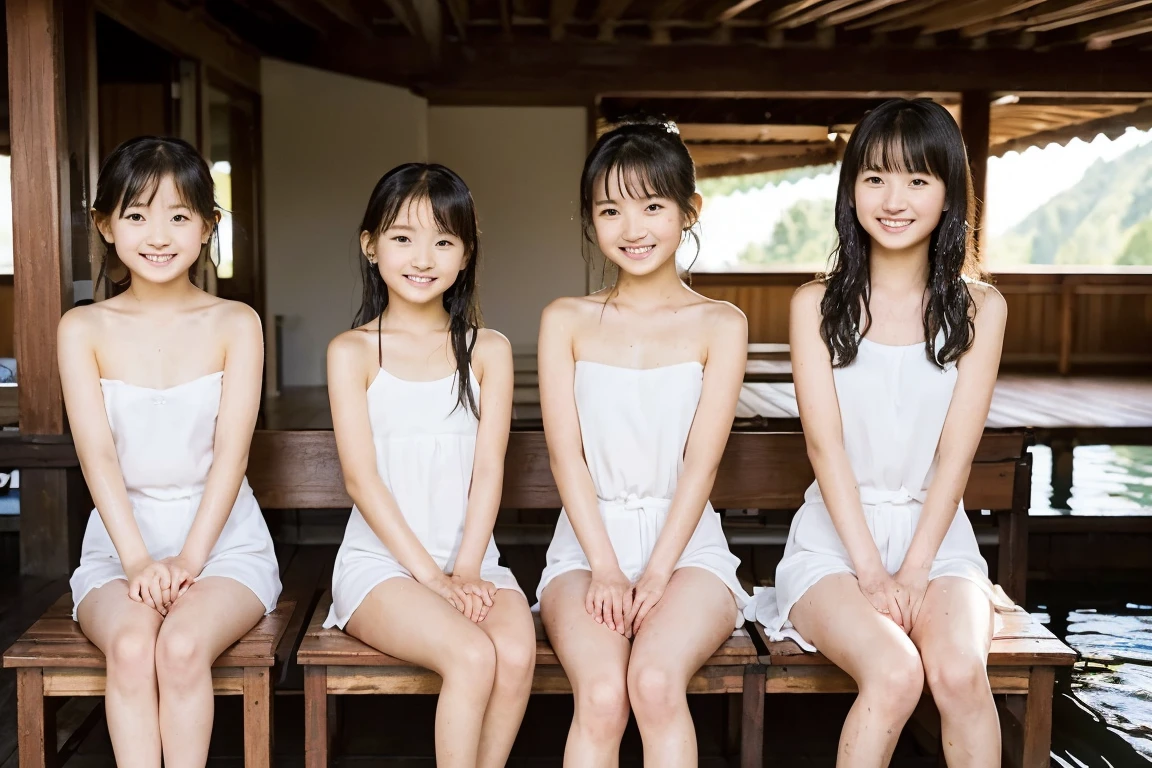 (( best quality)), ((masterpiece)), (  Details), (( three elementary school girls 1.3)),(( cute little sister 1 .3)),((flat chested1.3)) Japanese, (( naked 1.3)),,smile,(( Three girls are sitting on wooden chairs in a hot spring1.3)),(( wet hair and body 1 .3))