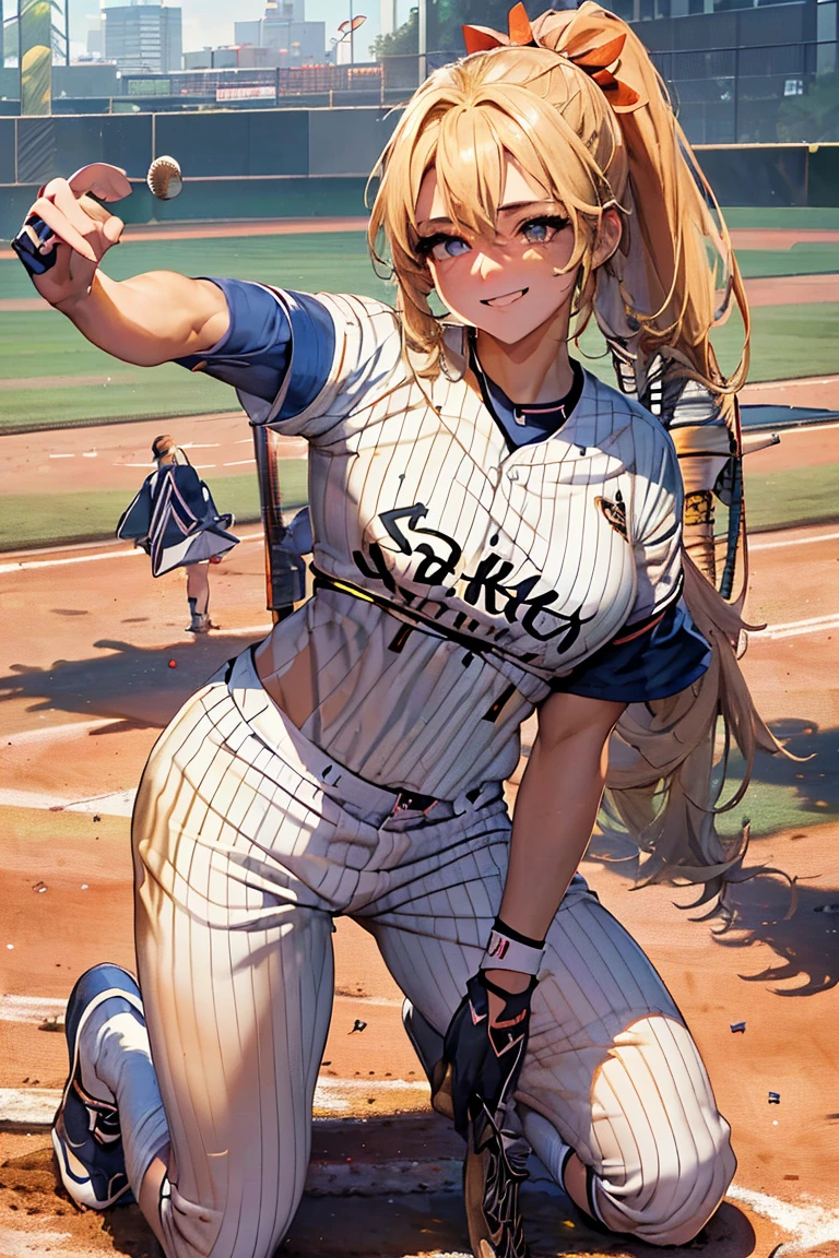 masterpiece,  best quality ,Ultra HD Explained,Full HD,16k,  super resolution , accurate human body,Correct human anatomy,Obscene,  smile inviting a man into sexual activity,((Baseball Stadium,Ground)),((((Play baseball:1.8)))),  One Woman :2.0, watching viewers ,((Blonde,Long Hair_  ponytail_orange ribbon,青 eyes)),( open your eyes,Tall,Sexy and attractive body _ smiles that invite men far beyond their age :1.5, thin:1.6,Long legs,Beautiful ass) ((Abnormally large breasts_K-Cup_ beautifully shaped breasts )),((( baseball uniform ,baseball shirt_ivory_Pinstripe_Hinomaru emblem on chest,Baseball pants _ivory_Pinstripe,black leather spike shoes,Chest logo_JAPAN))),,German,Colours of the 90s,Wide Angle Upward Shot , Extreme Angle, focus on the chest :1.4,Obsceneなシーン.