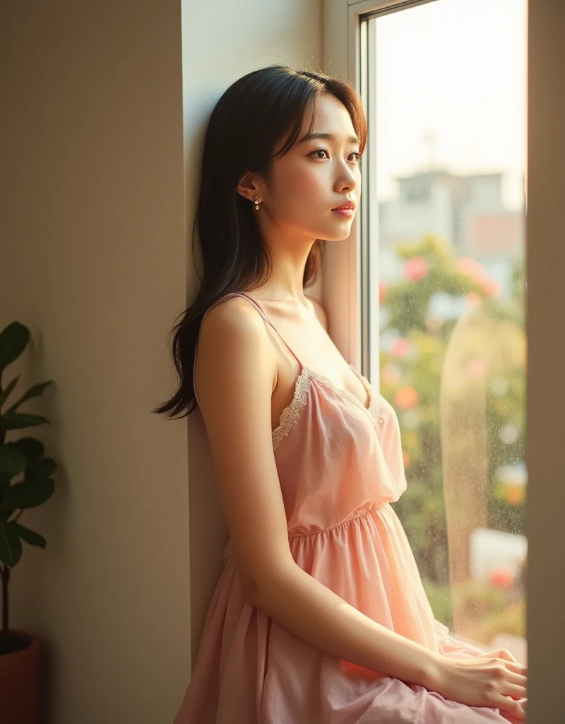 In a softly lit room, a young Asian woman sits gracefully on a wide window frame, where sunlight pours in. Her silhouette is framed by a large, bright window that invites the golden light of the evening sun. She wears a delicate, flowing pink dress made of whisper-soft chiffon that sways gently with her movements. The thin straps and deep V-neckline reveal a glimpse of her delicate collarbone. Long, loose waves cascade down her shoulders, catching the light and shimmering with golden highlights. Lost in thought, she rests her chin on elegantly curled fingers, turning her expressive gaze to the outside world, revealing the myriad emotions swirling within her. The softness of her features - her puffy lips lightly parted and her brows gently furrowed - conveys the depth of her thoughts as she is lost in a tender, bittersweet reverie. A plain white wall in the background accentuates the warmth of her outfit and the light streaming in through the window. The view outside the window, reminiscent of a lush garden full of flowers, creates a fascinating contrast. The atmosphere is full of intimate sensuality, and the golden rays of the sun create a halo around her figure and cast soft shadows on the window frame, imbuing the scene with a quiet and gentle charm. A moment caught between reality and daydream, encapsulates her beauty and her solitude.