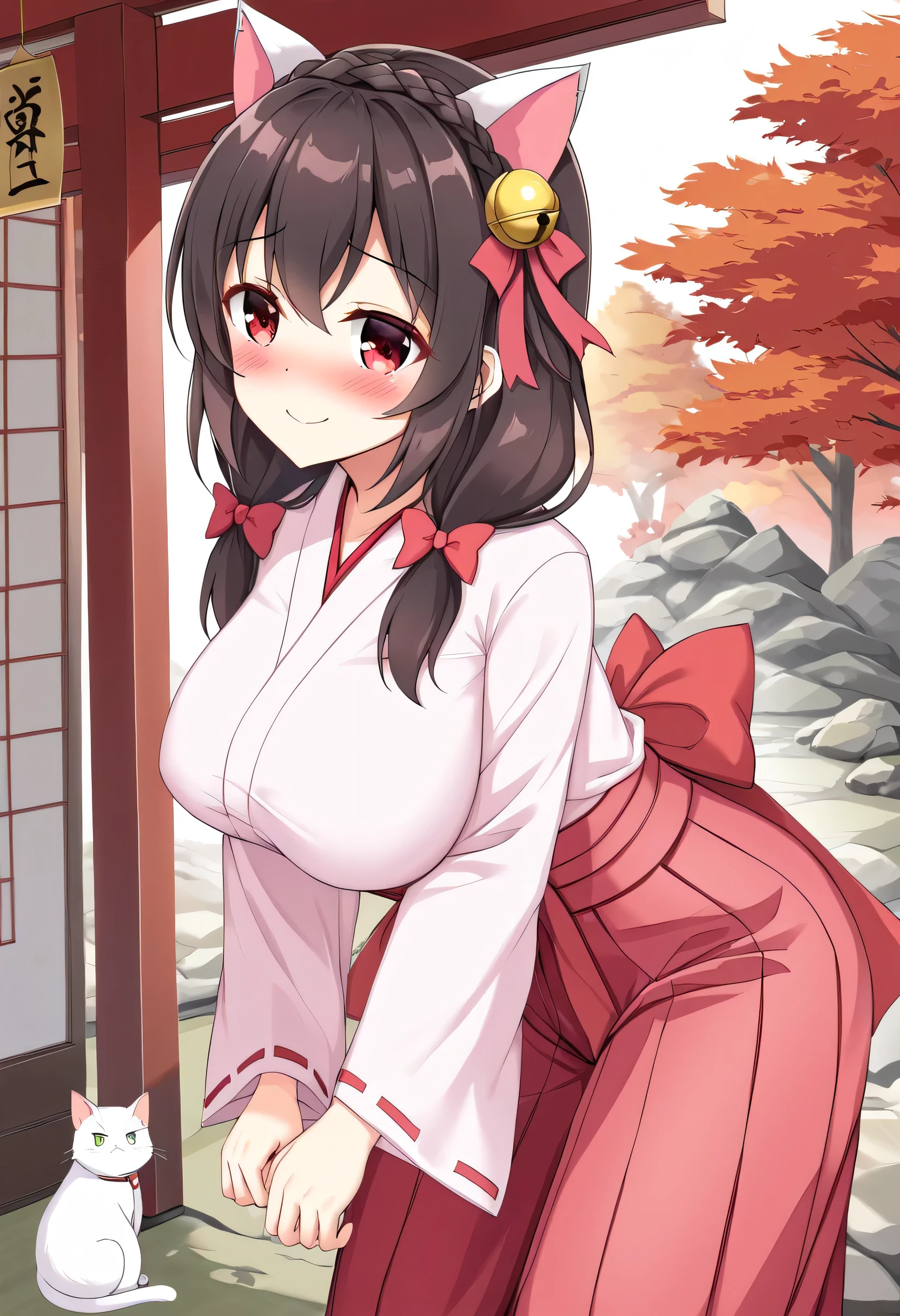 yunyun、masterpiece, best quality, high definition ,one person, Yunyun、 Former name yunyun, crown braid in the same color as hair, black hair、Red eyes、 hair accessory with a bell , hair bow, ( white and pink shrine maiden costume 、Hakama is a red )、She has big breasts、(blush)、autumn leaves、(shrine:1.2)、Standing、( with a shy smile :1.2)、blush、( slouching forward:1.3)、(Cat ears)、White cat with bell