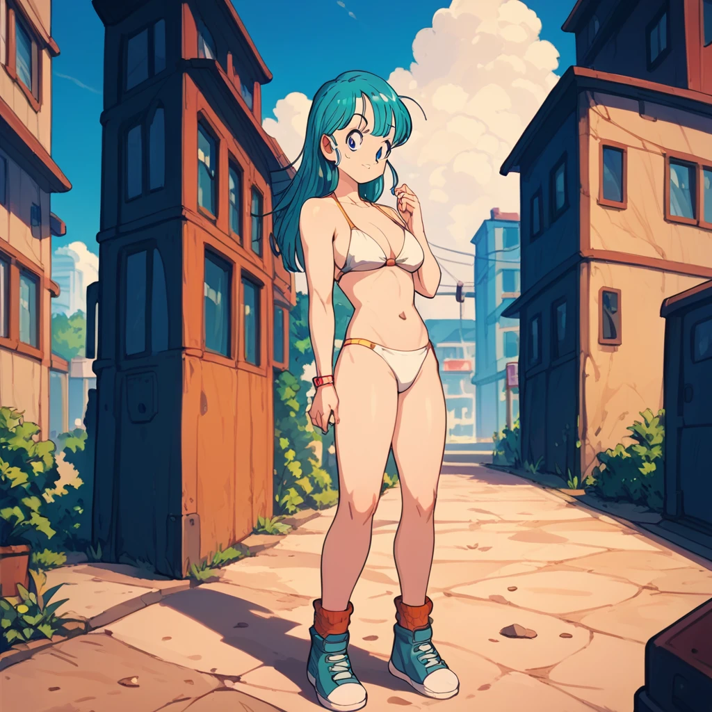 Bulma standing on a cliff in white bikinis with huge breasts and the sky in the background.