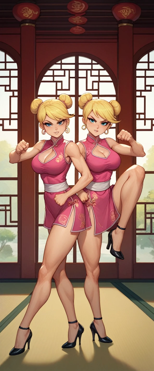 lola loud, 2girl, duo, 24yo girl, large breasts, pink cheongsam,  inside of a chinese temple, looking at viewer, blonde hair, two hair buns , hands  score_9, score_8_up, score_7_up, high heels, teep fighting stance,martial arts, chest window, twins