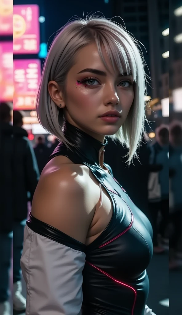 "Ultra high resolution, UHD, Ultra-detailed, hyper-realistic skin texture, high-quality rendering, Photorealistic portrait ,1Lucy " walking on the streets of night city ,futuristic city at night, neon lights, ((red eyeliner:3.5)), ((makeup:3.5)), (photography:1.1), (photorealistic:1.1), volumetric lighting, dynamic lighting, real shadows, (highres:1.1), sharp focus, (realistic, hyperrealistic:1.4), intricate, high detail, dramatic, subsurface scattering, big depth of field, vivid, polished, sharpened, ((full Sharp)), (extremely absurdres),16k hdr,, Red eyelinier , shooting a gun, action sequence , hairs flying , gun on the camera, bullets flying, 