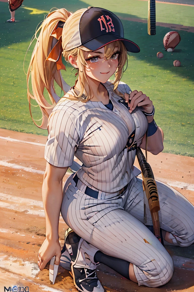 masterpiece,  best quality ,Ultra HD Explained,Full HD,16k,  super resolution , accurate human body,Correct human anatomy,Obscene,  smile inviting a man into sexual activity,((Baseball Stadium,Ground)),((((Play baseball:1.8)))),  One Woman :2.0, watching viewers ,((Blonde,Long Hair_  ponytail_orange ribbon,青 eyes)),( open your eyes,Tall,Sexy and attractive body _ smiles that invite men far beyond their age :1.5, thin:1.6,Long legs,Beautiful ass) ((Abnormally large breasts_K-Cup_ beautifully shaped breasts )),((( baseball uniform,baseball shirt_ivory_Pinstripe_Hinomaru emblem on chest,Baseball pants _ivory_Pinstripe,black leather spike shoes,Chest logo_JAPAN))),,German,Colours of the 90s,Wide Angle Upward Shot , Extreme Angle, focus on the chest :1.4,Obsceneなシーン.