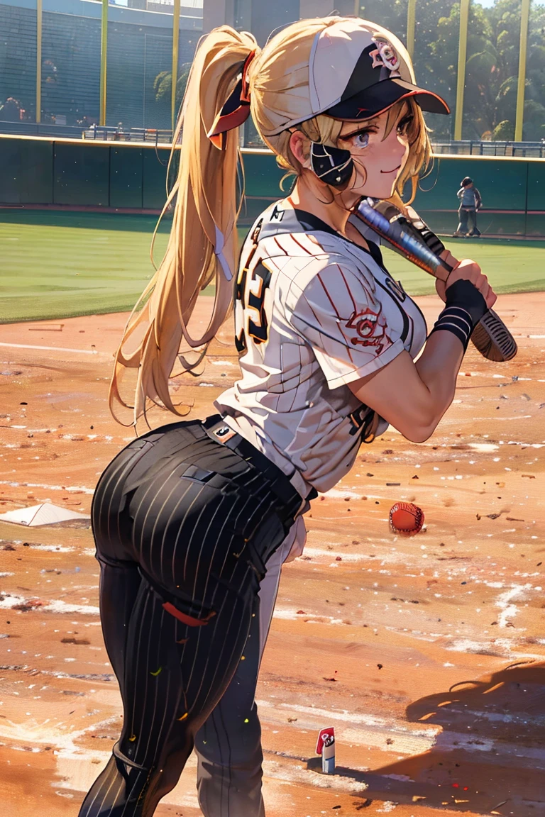 masterpiece,  best quality ,Ultra HD Explained,Full HD,16k,  super resolution , accurate human body,Correct human anatomy,Obscene,  smile inviting a man into sexual activity,((Baseball Stadium,Ground)),((((Play baseball:1.8)))),  One Woman :2.0, watching viewers ,((Blonde,Long Hair_  ponytail_orange ribbon,青 eyes)),( open your eyes,Tall,Sexy and attractive body _ smiles that invite men far beyond their age :1.5, thin:1.6,Long legs,Beautiful ass) ((Abnormally large breasts_K-Cup_ beautifully shaped breasts )),((( baseball uniform,baseball shirt_ivory_Pinstripe_Hinomaru emblem on chest,Baseball pants _ivory_Pinstripe,black leather spike shoes,Chest logo_JAPAN))),,German,Colours of the 90s,Wide Angle Upward Shot , Extreme Angle, focus on the chest :1.4,Obsceneなシーン.