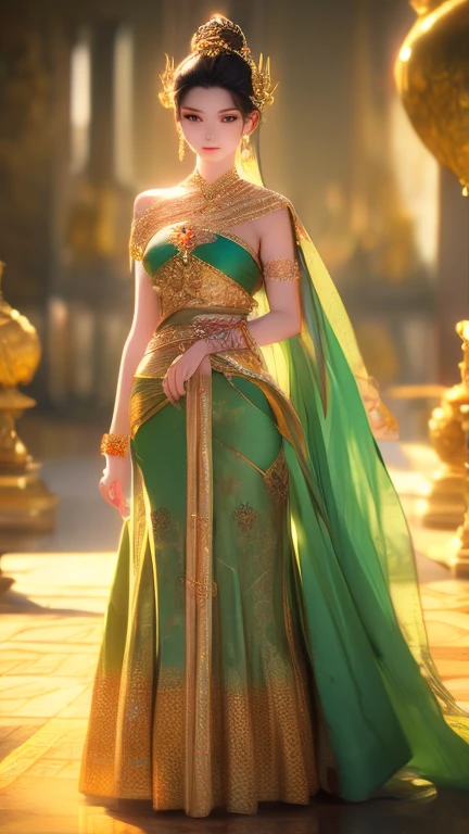 A stunning 3D model of a 28-year-old woman with an elegant high bun hairstyle, wearing a traditional Thai outfit. Her attire includes a bright yellow blouse paired with a handwoven cotton skirt featuring brown and gold striped patterns. She is facing directly towards the viewer, showcasing her full-body figure with grace. The scene is illuminated with cinematic lighting that creates a warm glow, emphasizing her face and the intricate details of her attire. She is adorned with delicate diamond jewelry, adding an element of luxury to her appearance. The composition uses a shallow depth of field to draw focus to her, set against a tranquil and serene background. The overall mood of the image conveys charm, elegance, and beauty, with soft lighting accentuating her perfect silhouette.