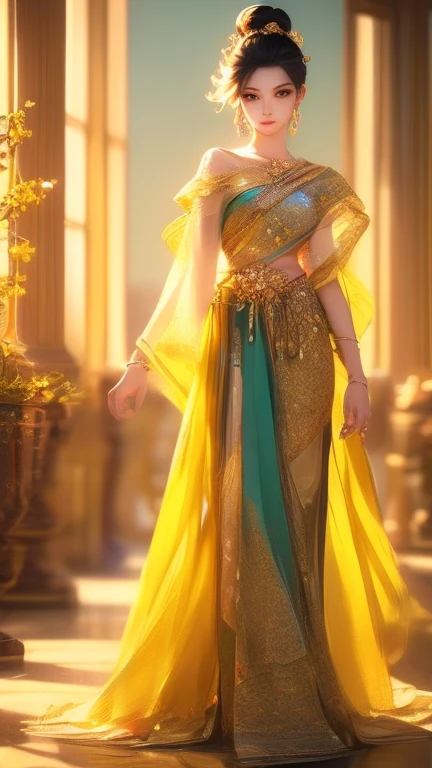 A stunning 3D model of a 28-year-old woman with an elegant high bun hairstyle, wearing a traditional Thai outfit. Her attire includes a bright yellow blouse paired with a handwoven cotton skirt featuring brown and gold striped patterns. She is facing directly towards the viewer, showcasing her full-body figure with grace. The scene is illuminated with cinematic lighting that creates a warm glow, emphasizing her face and the intricate details of her attire. She is adorned with delicate diamond jewelry, adding an element of luxury to her appearance. The composition uses a shallow depth of field to draw focus to her, set against a tranquil and serene background. The overall mood of the image conveys charm, elegance, and beauty, with soft lighting accentuating her perfect silhouette.