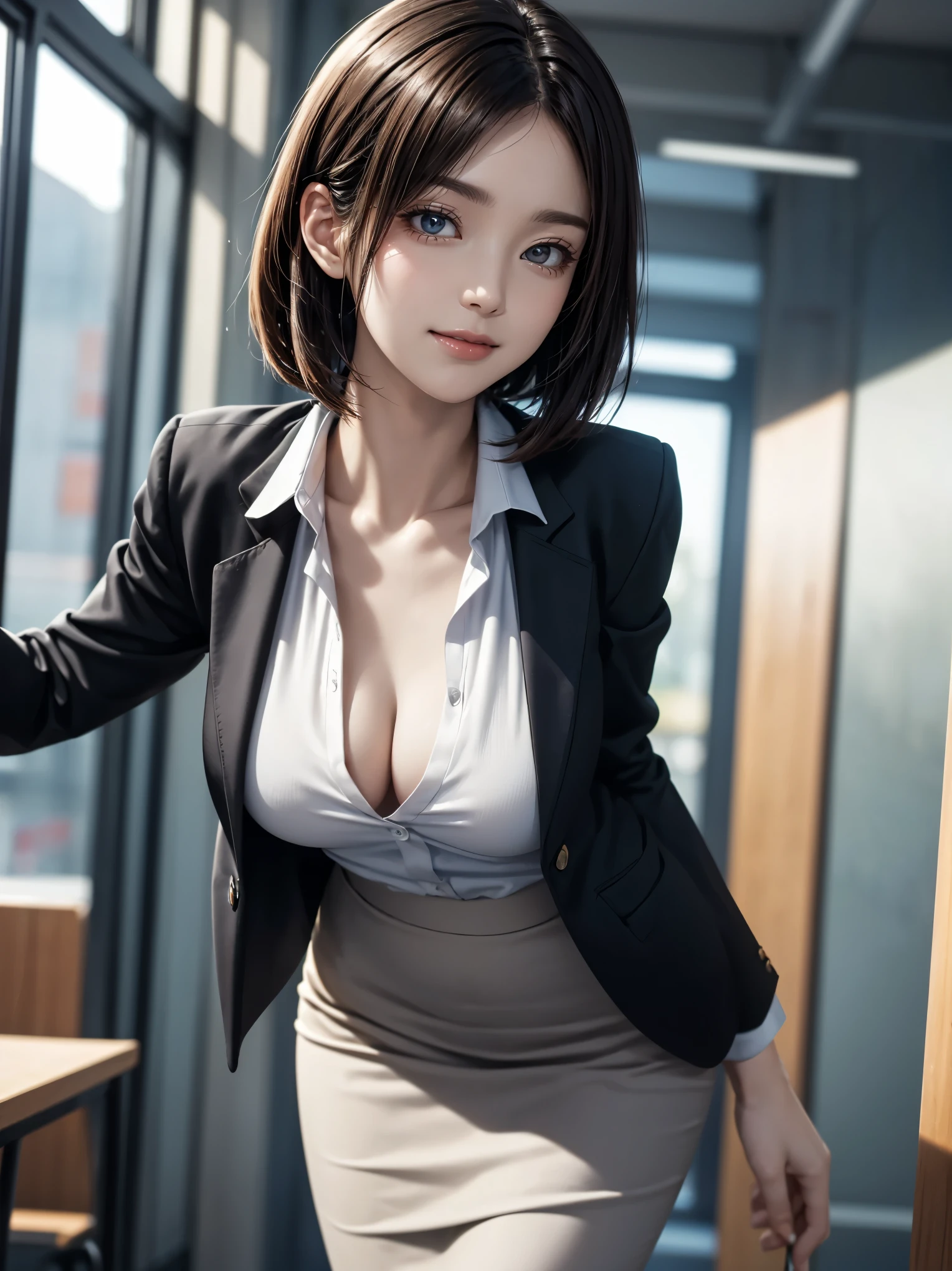 ((ultra detailed)), (best quality, masterpiece:1.2), 8K, 4K, unreal engine, 1 woman, detailed beautiful face and eyes, woman wearing a business suit, sleek and elegant women's collarless blouse designed to be worn as an inner top for a business suit, (black jacket, collarless blouse, pencil skirt), kawaii, leaning forward, light smile, straight bob hair, sunlight, medium breasts, office, dynamic lighting