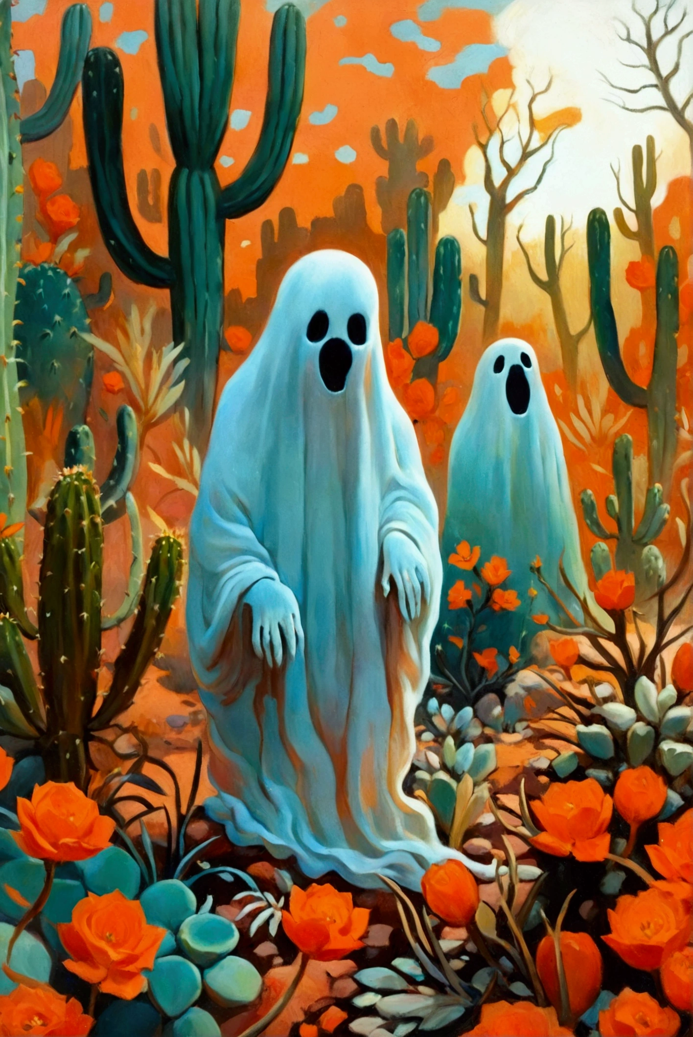 painting of a Ghost in a cactus garden with orange flowers, floating Ghost, Ghostly spirits, Ghost,  ghost atmosphere , scary Ghost, Haunted Paintings ,  horrible, Ghostly form, casper the friendly Ghost, Ghostly atmosphere, Ghost neon, Haunted and scary , cute funny Ghost, enveloped in Ghost、 ghostly appearance {x} lots of succulents、デフォルメされたオバケ