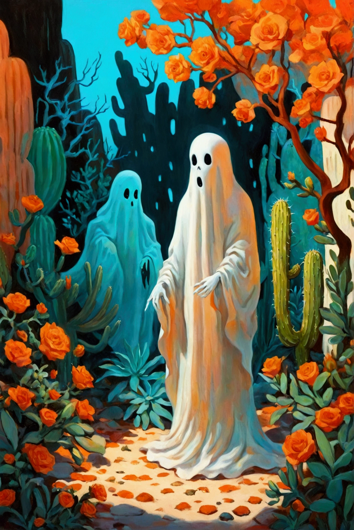 painting of a Ghost in a cactus garden with orange flowers, floating Ghost, Ghostly spirits, Ghost,  ghost atmosphere , scary Ghost, Haunted Paintings ,  horrible, Ghostly form, casper the friendly Ghost, Ghostly atmosphere, Ghost neon, Haunted and scary , cute funny Ghost, enveloped in Ghost、 ghostly appearance {x} lots of succulents、デフォルメされたオバケ