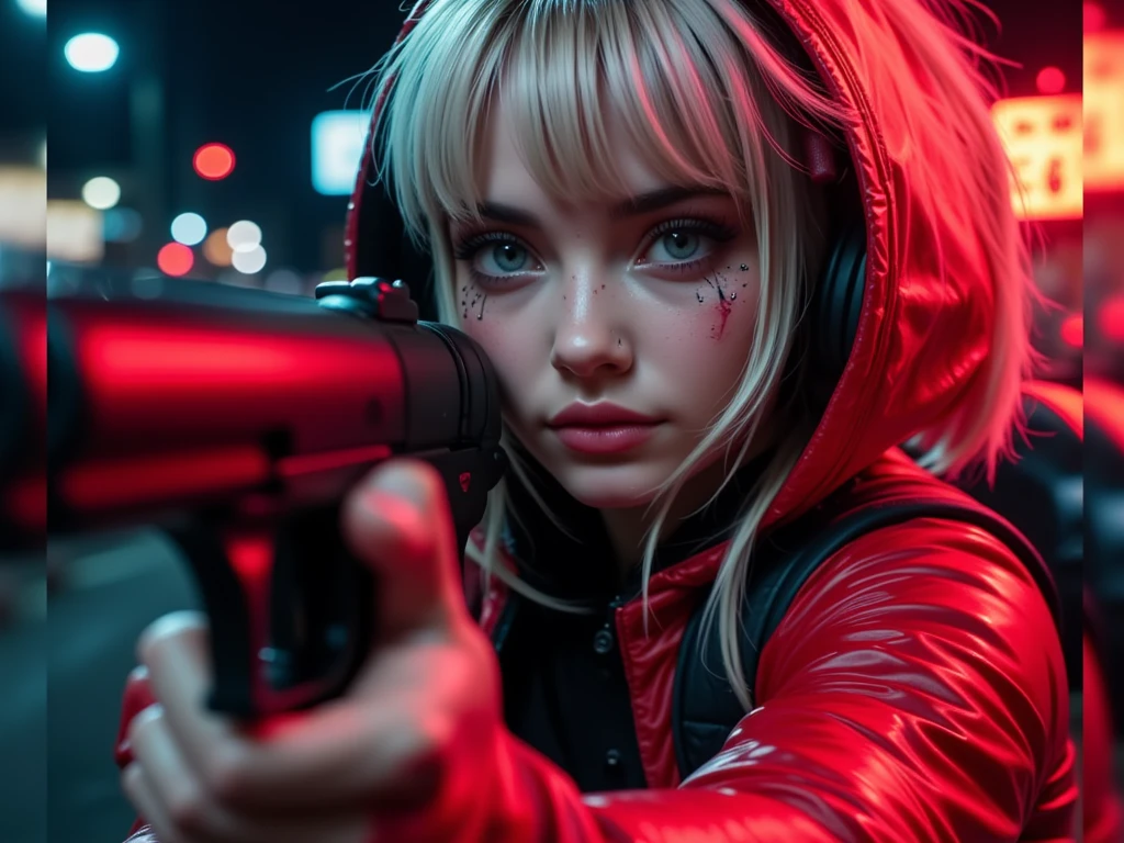 "Ultra high resolution, UHD, Ultra-detailed, hyper-realistic skin texture, high-quality rendering, Photorealistic portrait ,1Lucy " Riding a neon motor bike on the streets of night city ,futuristic city at night, neon lights, ((red eyeliner:3.5)), ((makeup:3.5)), (Cinematic1.1), (photorealistic:1.1), volumetric lighting, dynamic lighting, real shadows, (highres:1.1), sharp focus, (realistic, hyperrealistic:1.4), intricate, high detail, dramatic, subsurface scattering, big depth of field, vivid, polished, sharpened, ((full Sharp)), (extremely absurdres),16k hdr,, Red eyelinier , shooting a gun, action sequence , hairs flying , gun on the camera, bullets flying, 