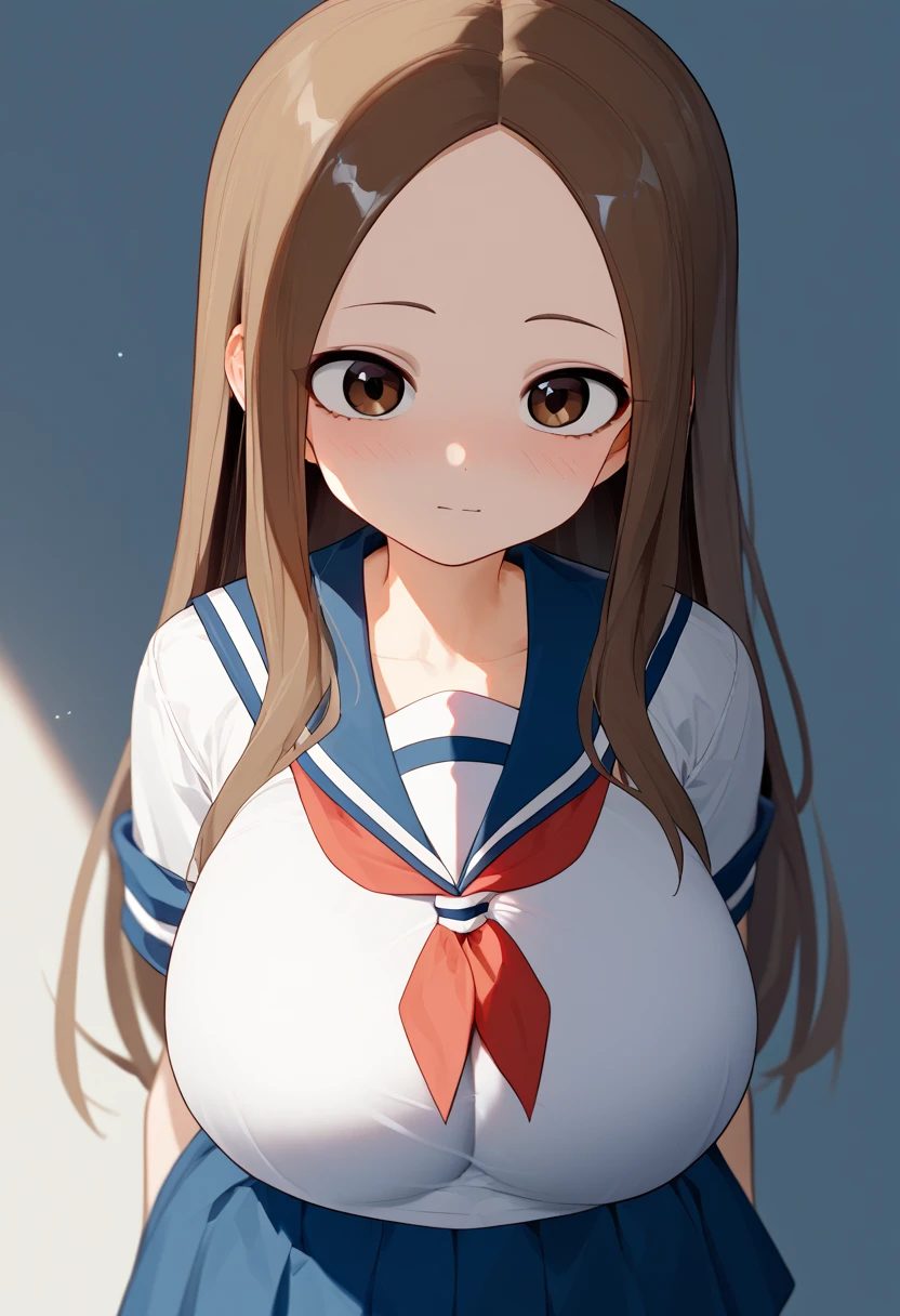 、takagi-san、score_9, score_8_up, score_7_up, 1girl, Alone, Takagi, brown hair, brown eyes, long hair,  white serafuku, blue stripes, blue skirt, red necktie、((huge breast))、
、 short stature 、 is short、(Loli Big )、ロリ、
{Highest quality}, {so beautiful}, {Very detailed}, {Best illustrations},Life、slim:1.5、Are standing、横から:2