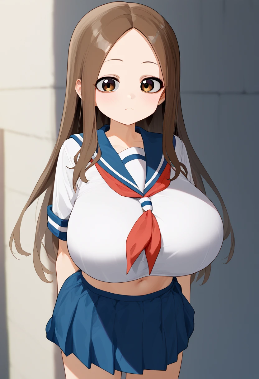 、takagi-san、score_9, score_8_up, score_7_up, 1girl, Alone, Takagi, brown hair, brown eyes, long hair,  white serafuku, blue stripes, blue skirt, red necktie、((huge breast))、
、 short stature 、 is short、(**** Big )、**、
{Highest quality}, {so beautiful}, {Very detailed}, {Best illustrations},Life、slim:1.5、Are standing、横から:2