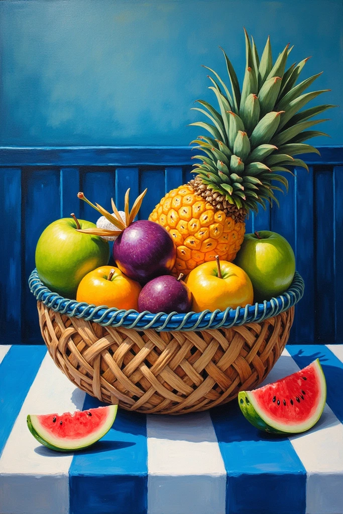 The painting depicts a ropeless basket containing tropical fruit such as purple mangosteen, green apples and cut watermelon placed on a table covered with a blue and white striped cloth. There are additional elements in the form of mangosteen pieces as well as a background with blue gradations and striped decorative accents. This painting appears to use gouache as a medium with a detailed illustrative style and contrasting colors.