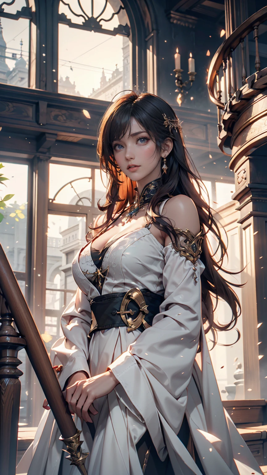 With a ball of light in his hand、A young female magician floating and shining, In the ruins