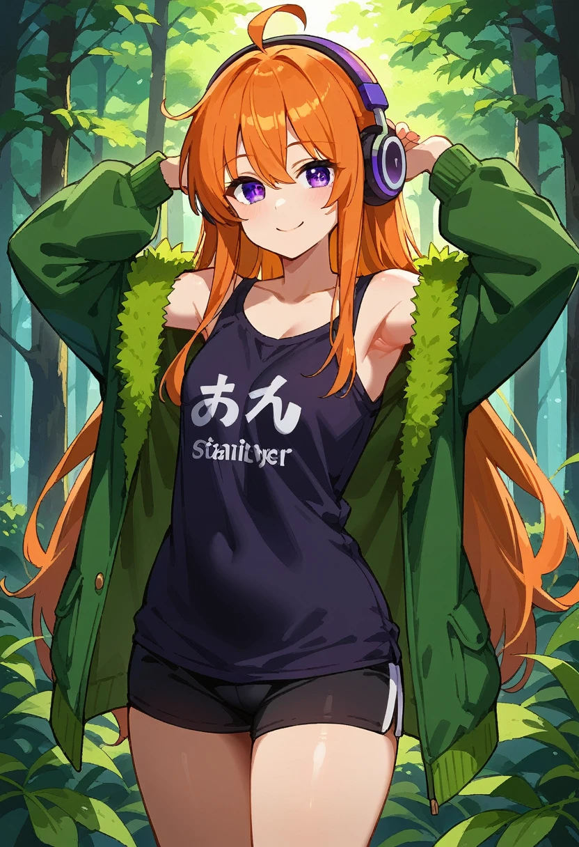 futabasakura, Sakura,  orange hair, cups, long hair, ( purple eyes :1.1), ahoge,
 behind-the-head headphones, black  thighs, fur trim, fur-trimmed jacket, green jacket, headphones, jacket, off shoulder, off-shoulder shirt, shirt, t-shirt,  thighs, 's huge ass looking at the viewer, forest, dark sky, Contrapposto, smile, Spread armpits , cowboy shot, sleeveless,  arms behind the head , (masterpiece:1.2),  best quality , (  similar to Kemono:0.8), ( beautiful and detailed eyes:1.6),  Extremely detailed face ,  perfect lighting , extremely detailed CG, (Perfect Hands, perfect anatomy), younger,