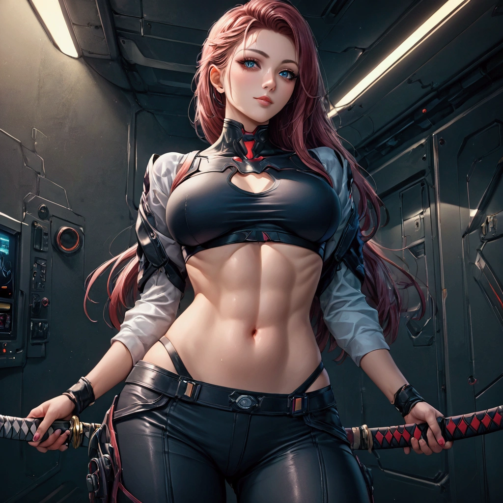 Girl wearing futuristic combat suit, extremely tight costume, wearing thin-framed round glasses, red hair, ((big chest, 18 year old girl, beautiful)), ((big breasts, big neckline showing part of breasts)). Full body image. Photorealistic face, realistic, realistic eyes, smile. In the background futuristic war scenario, with giant robots,(high resolution:1.0), beautiful lighting, perfect lighting, realistic shadows, [highres], detailed skin, ultra-detailed, open legs, legs up, curved, large earring, thighs, (beautiful long red hair), soft navel, soft belly, soft back, angle from above, blush, photorealistic, realistic face, realistic eyes, small eyes, malicious smile (((ultrarealistic style))) ((neckline))),  (eyeliner), (mascara). --auto --s2