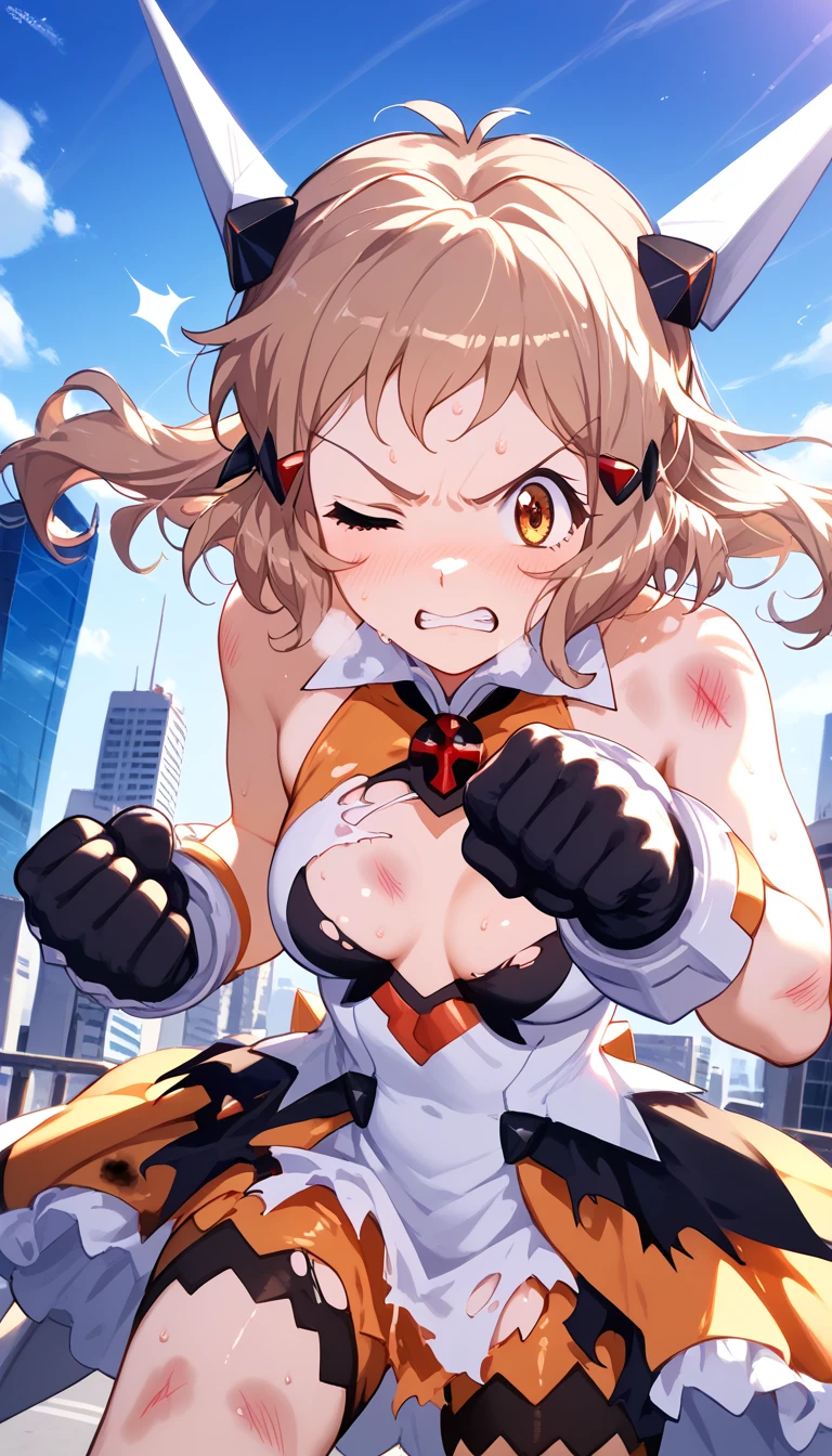  best quality,  soft light you're handling,  ultra high resolution, cute, beautiful face down to the smallest detail , high resolution details of human skin texture, shiny skin,sweat,Heat, white breath ,Hibiki Tachibana ,Brown Hair,Short Hair,City, Battle Costume,whole body,teeth,Pump your fist,Big eyes,Symphogear,get angry, tremendous impact,bruised body,armed gear , closed mouth , one eye closed, torn clothes