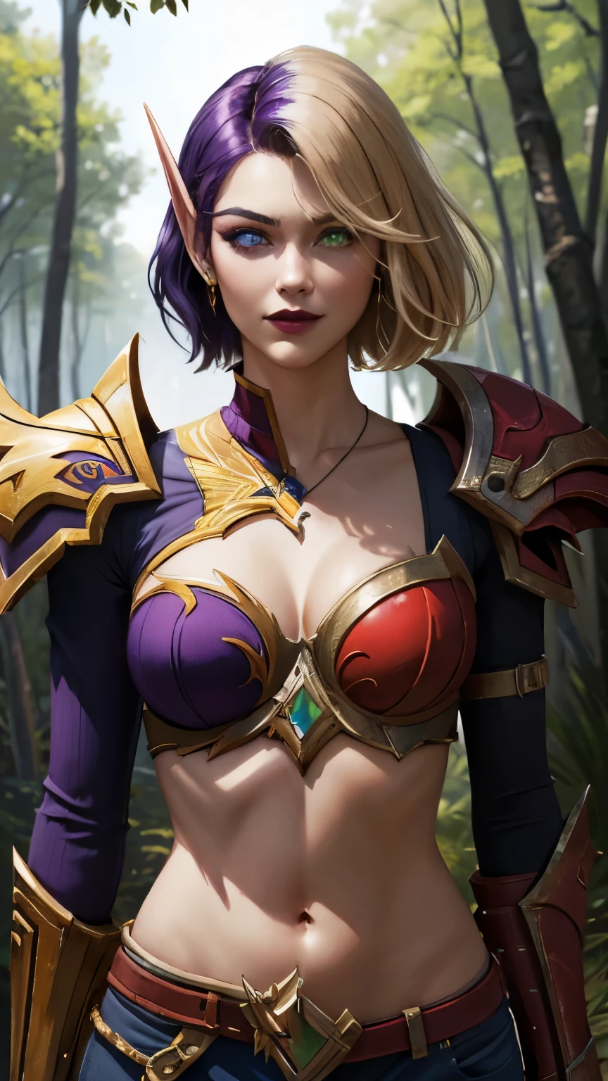 (8K, highest quality, masterpiece:1.2), High resolution, masterpiece, break, beautiful woman, beautifully mouth, highly beautiful eyes and face, beautiful fine eyes, upper body, slim body, 20 years old girl, (1girl, purple hair, short hair, spiral eyes, lustful eye, purple lip, smile, clenched teeth, angry) (digital) (looking at viewer), (Forest background)), best quality, blue eyes, pointy ears, colored skin, blue skin, Purple armor, Sleeves:1.2, Armor, cleavage, crop top, navel, gold trim, voidelf