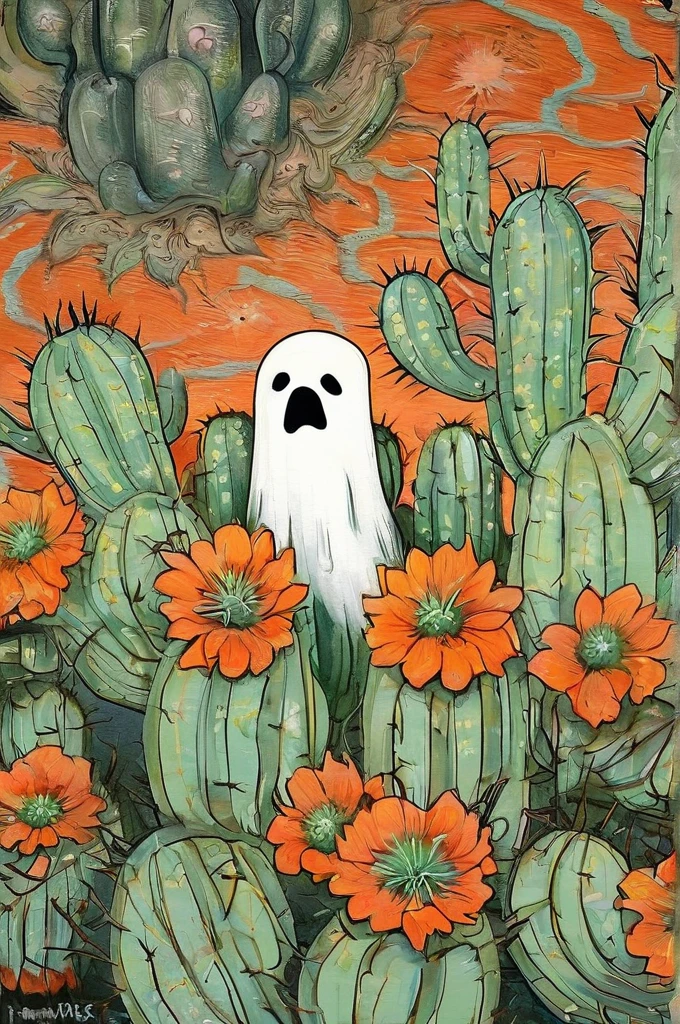 painting of a Ghost in a cactus garden with orange flowers, floating Ghost, Ghostly spirits, Ghost,  ghost atmosphere , scary Ghost, Haunted Paintings ,  horrible, Ghostly form, casper the friendly Ghost, Ghostly atmosphere, Ghost neon, Haunted and scary , cute funny Ghost, enveloped in Ghost、 ghostly appearance {x} lots of succulents、デフォルメされたオバケ