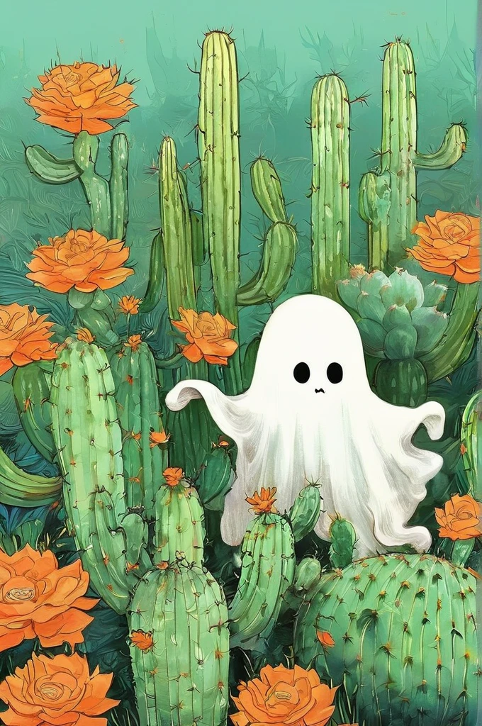 painting of a Ghost in a cactus garden with orange flowers, floating Ghost, Ghostly spirits, Ghost,  ghost atmosphere , scary Ghost, Haunted Paintings ,  horrible, Ghostly form, casper the friendly Ghost, Ghostly atmosphere, Ghost neon, Haunted and scary , cute funny Ghost, enveloped in Ghost、 ghostly appearance {x} lots of succulents、デフォルメされたオバケ