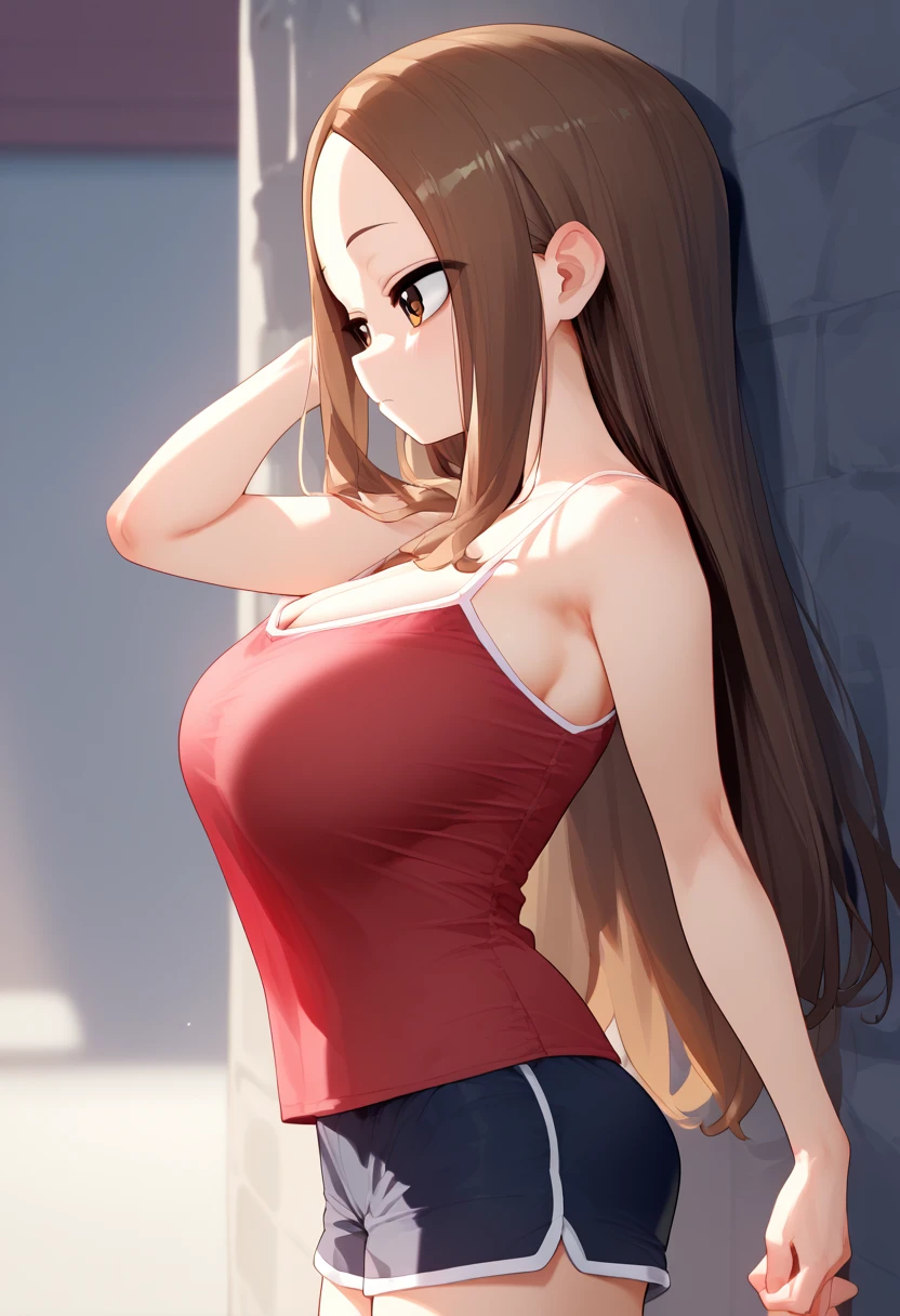 、takagi-san、score_9, score_8_up, score_7_up, 1girl, Alone, Takagi, brown hair, brown eyes, long hair,  camisole 、 shorts、(huge breast)
、 short stature 、 is short、(**** Big )、
{Highest quality}, {so beautiful}, {Very detailed}, {Best illustrations},Life、slim:1.5、Are standing、From the side、垂れた長い胸