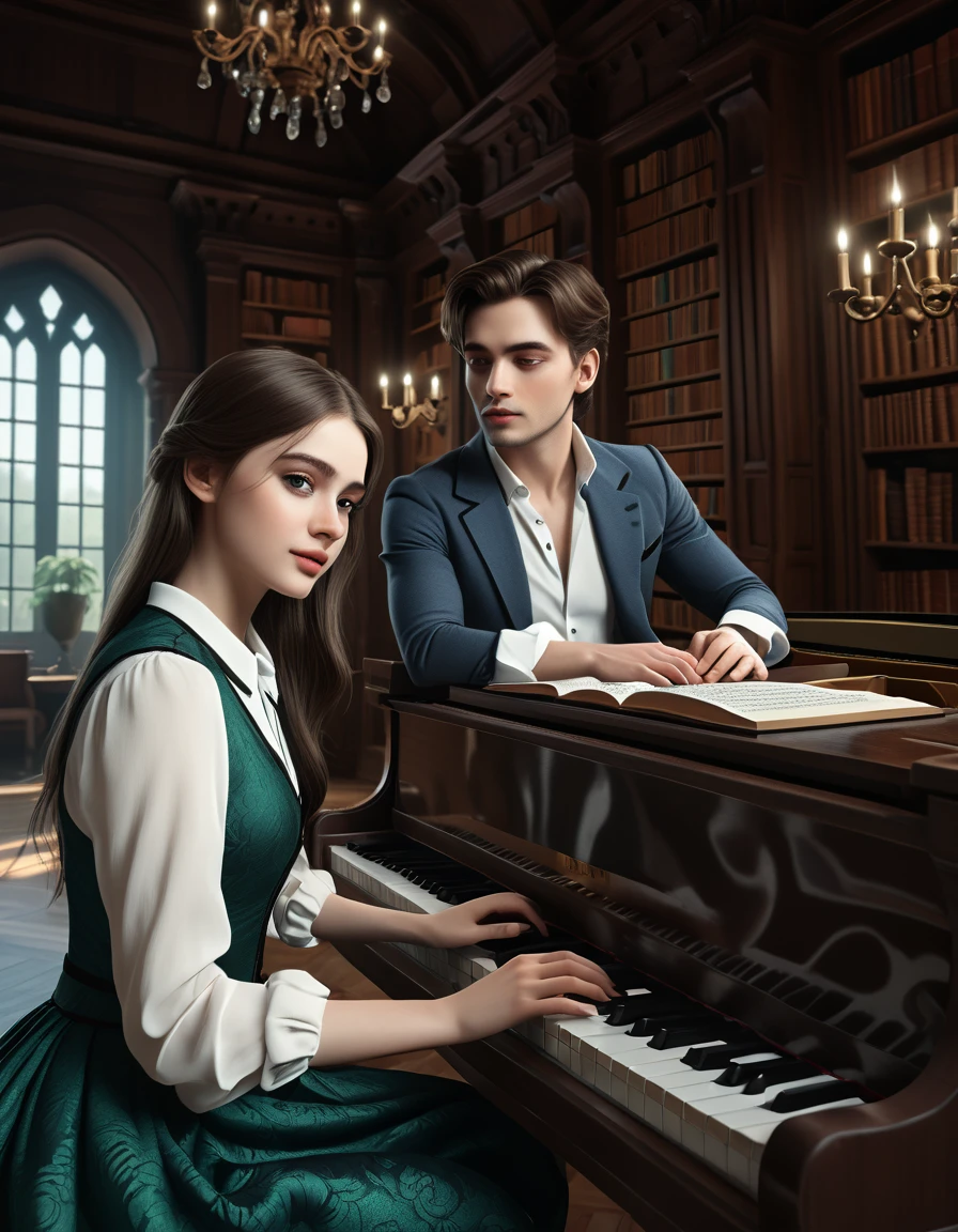 sketch man sits at the piano and plays it for a girl writing a melody for her man he is 22 years old  ((with brown eyes)), Beautiful, brown short hair in a white shirt,  dark gray classic vest , black trousers , ((( and next to a man leaning on the piano is )))  a 22-year-old girl with brown long flowing straight hair and blue eyes ,  in a short emerald colored modern fashionable sexy beautiful dress with round sleeves voluminous against the Arafed background room with a piano and a window in it, gothic epic library concept, gothic epic library, gothic library, alchemist library , unreal engine render concept art, castle library, dusty library,  unreal fantasy art engine, ancient library, library of ruina concept art, photorealistic dark concept art,  dramatic lighting . concept art, inside a castle library, Старая библиотека photo realistic illustration, hyper realistic illustration, realistic illustration, photorealistic detail , hypper realistic illustration, extreme realistic detail, photorealistic detail ed picture, с unreal engine render concept art, ), Ultra-detailed and beautiful face,( Gentle facial expression :1.1),translucent white skin,(Реалистичный skin texture:1.1), , Bold design , Art design ,Beautiful and detailed pattern, Detailed fabric texture, ((1 man, 1 girl)) (romantic sensual scene for a novel :1.1)