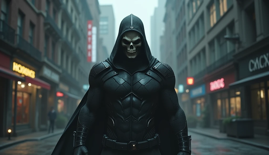 Superhero similar to Batman but with a white crow skull mask, black bulletproof vest with hood, whitegloves, gliding with the cape