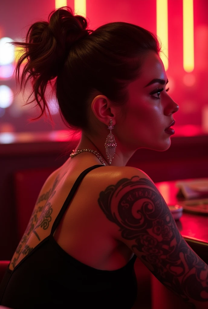 selena gomez, photo of beautiful woman hair updo upsweep nightclub sitting at bar (masterpiece) (best quality) (detailed) (8k) (HDR) (wallpaper) (cinematic lighting) (sharp focus) (intricate), tattoo