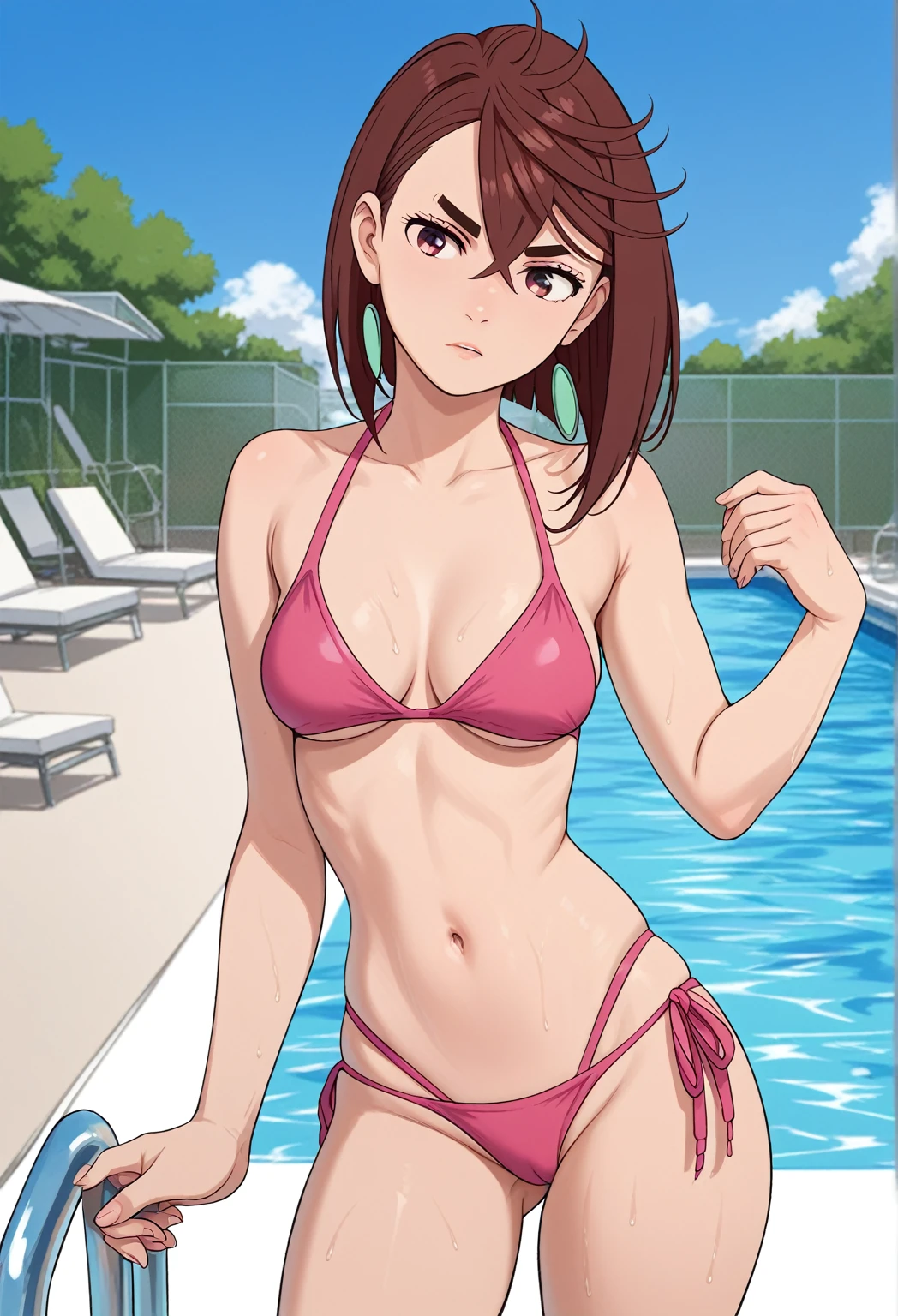 momo ayase, short hair, brown hair, brown eyes, bangs, thick eyebrows, medium breasts, bikini, pool, swimming pool, pink  bikini, standing