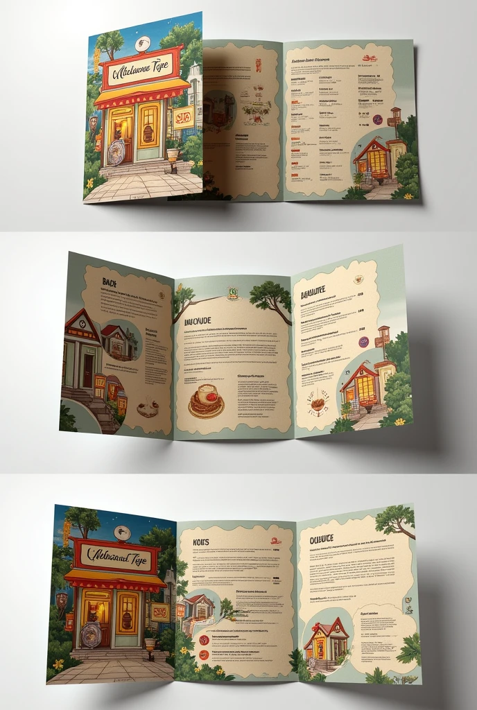 create a folding gate fold theme brochure for cafe
the outside of the brochure illustration
the inside of the information brochure