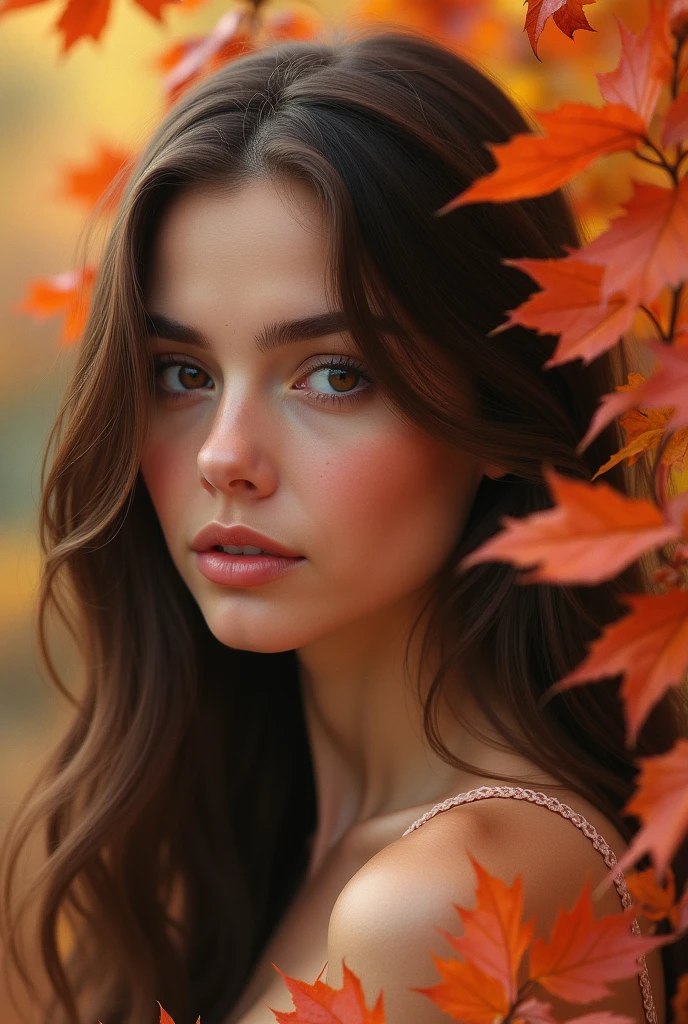 (best quality,8k,ultra high resolution,masterpiece:1.2),detailed boobs,tight anal shot,sand art style,beautiful woman,orange leaves in a park,Jeremy Mann style,Sandra Chevrier style,Dave McKean, Richard Avedon, Maciej Kuciara,white tank top with jeans,futuristic architecture with pentagon motif,evening lighting